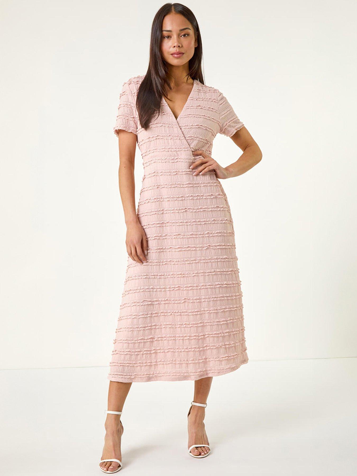 front image of roman-petite-ruffle-midi-wrap-dress
