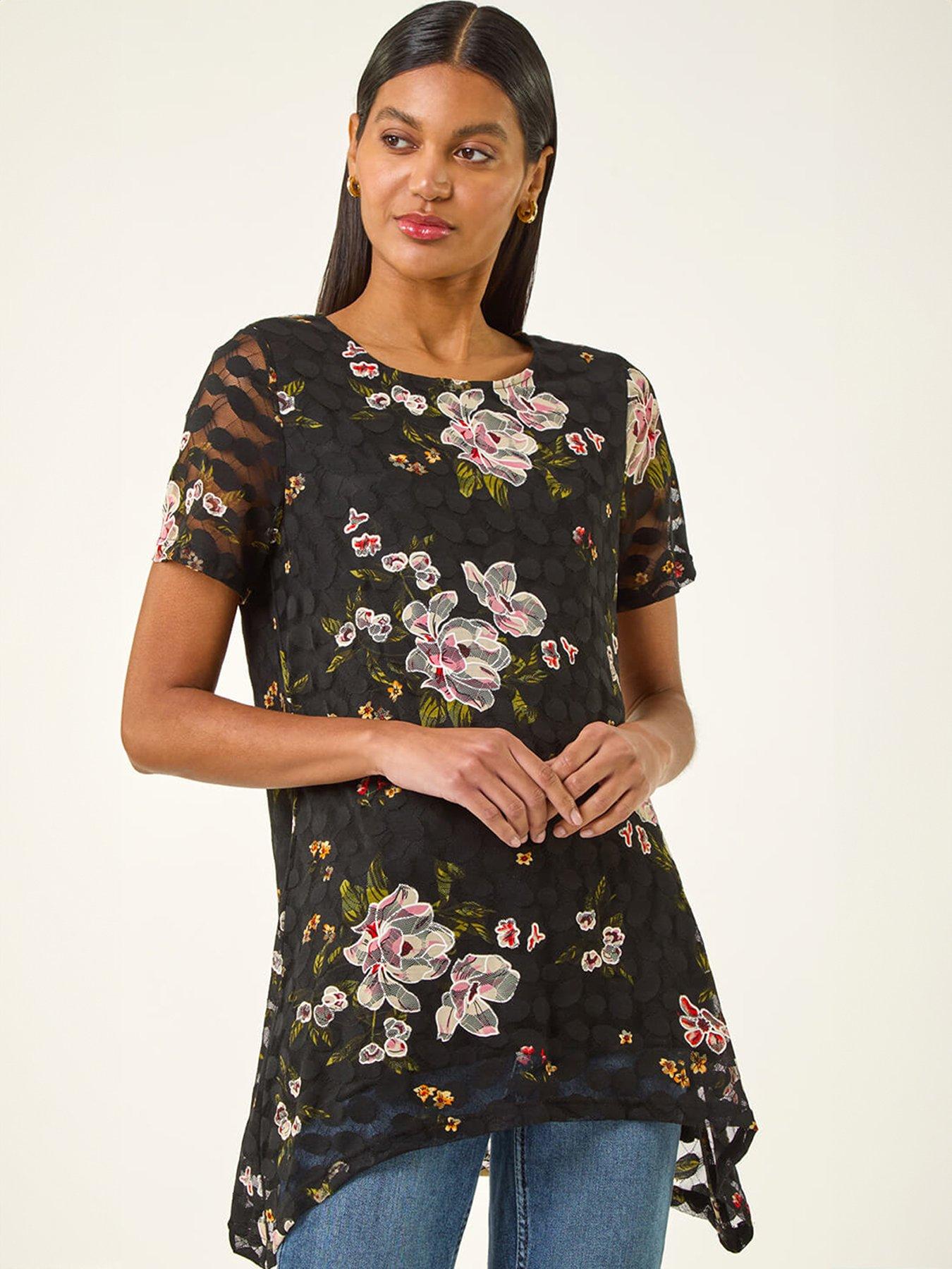 Roman Floral Print Lace Stretch Top - Black