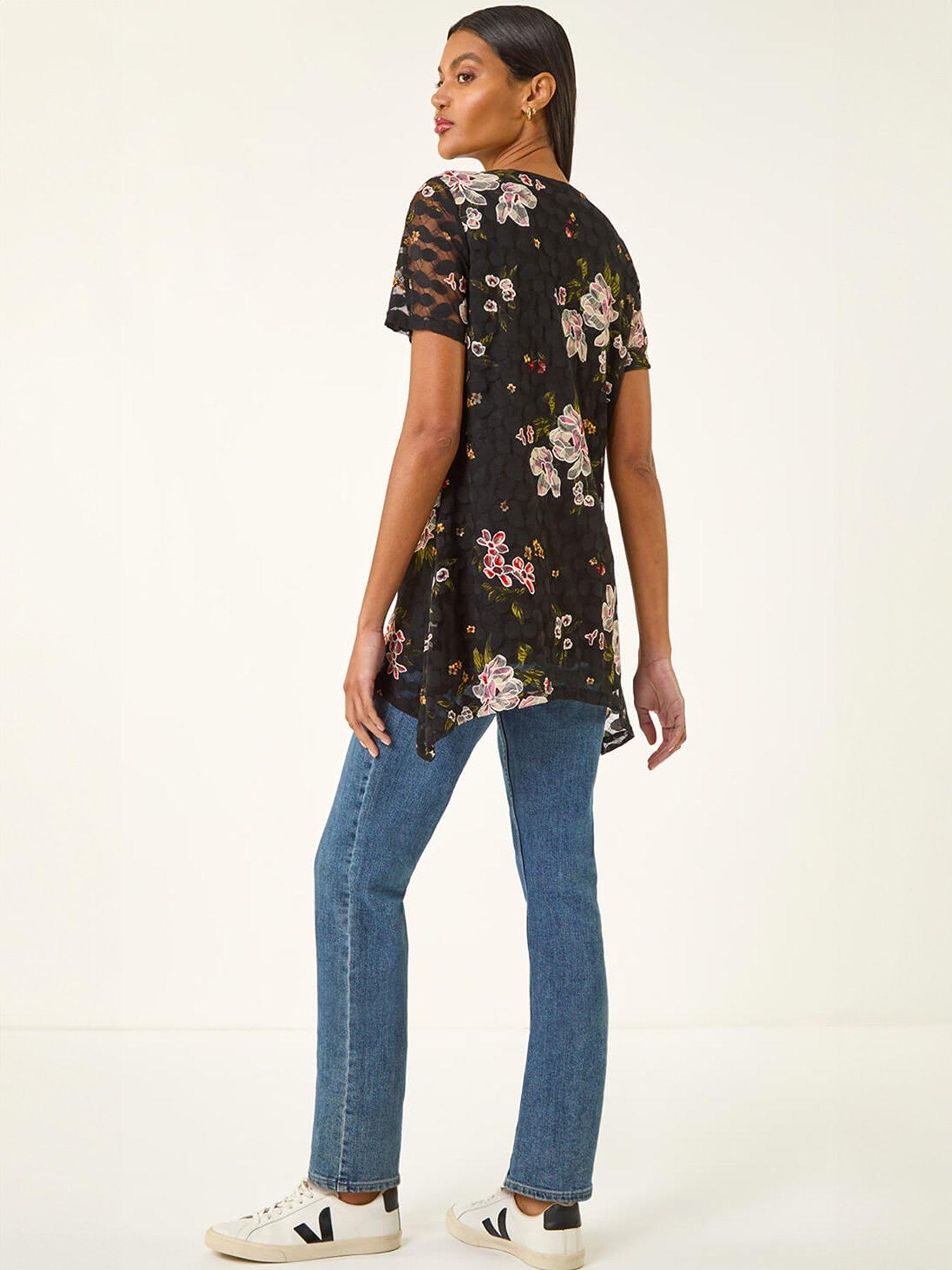 Image 2 of 5 of Roman Floral Print Lace Stretch Top - Black