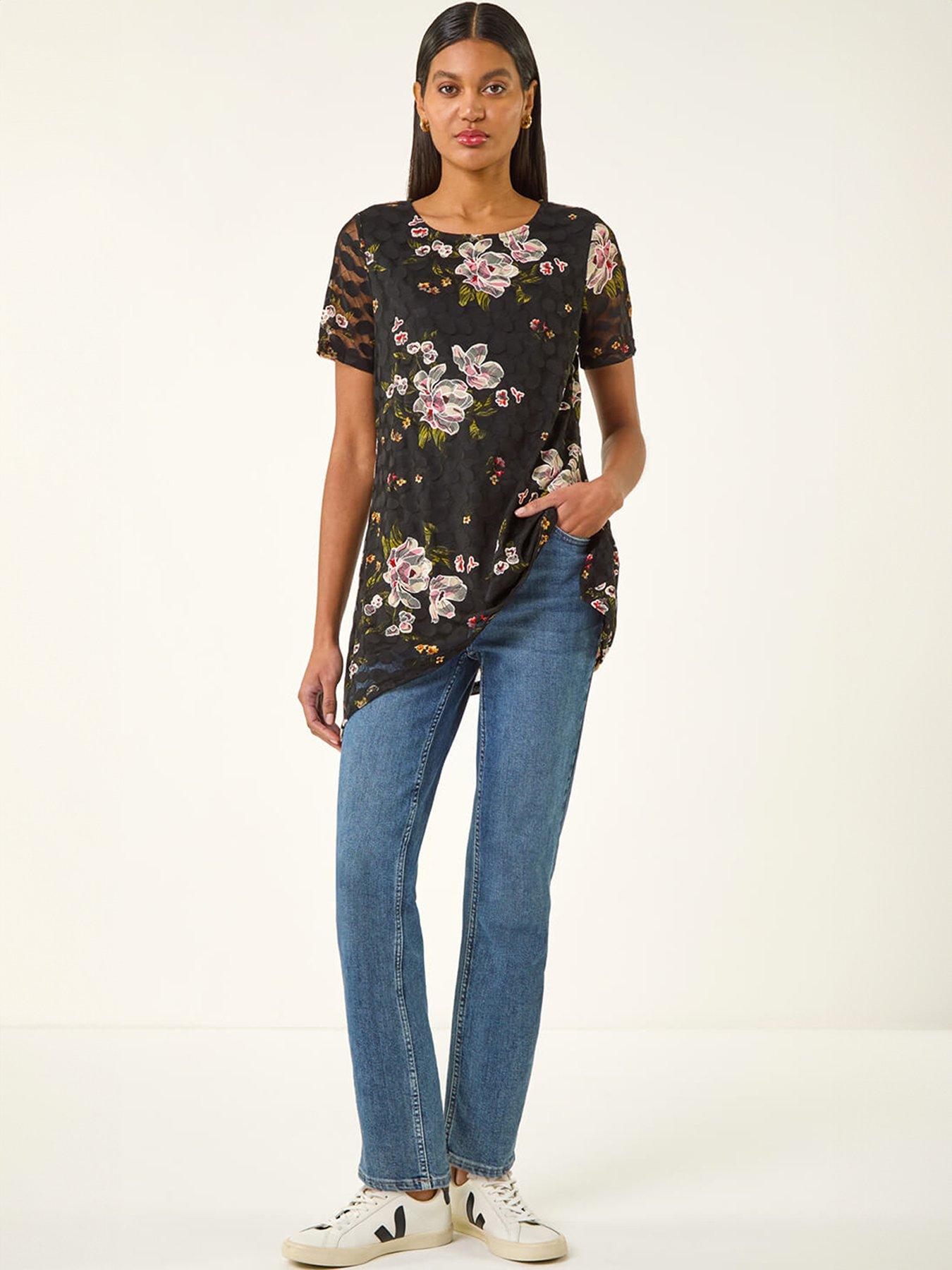 Image 3 of 5 of Roman Floral Print Lace Stretch Top - Black