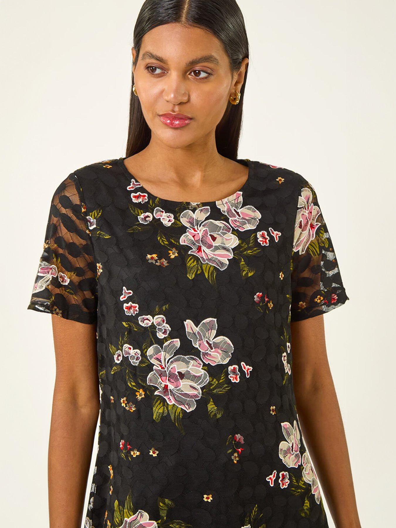 Image 4 of 5 of Roman Floral Print Lace Stretch Top - Black