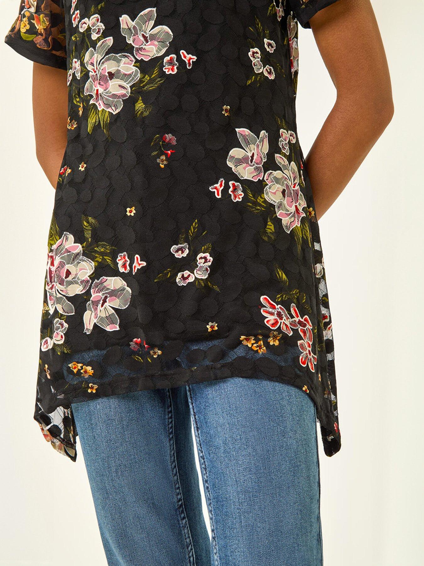 Image 5 of 5 of Roman Floral Print Lace Stretch Top - Black