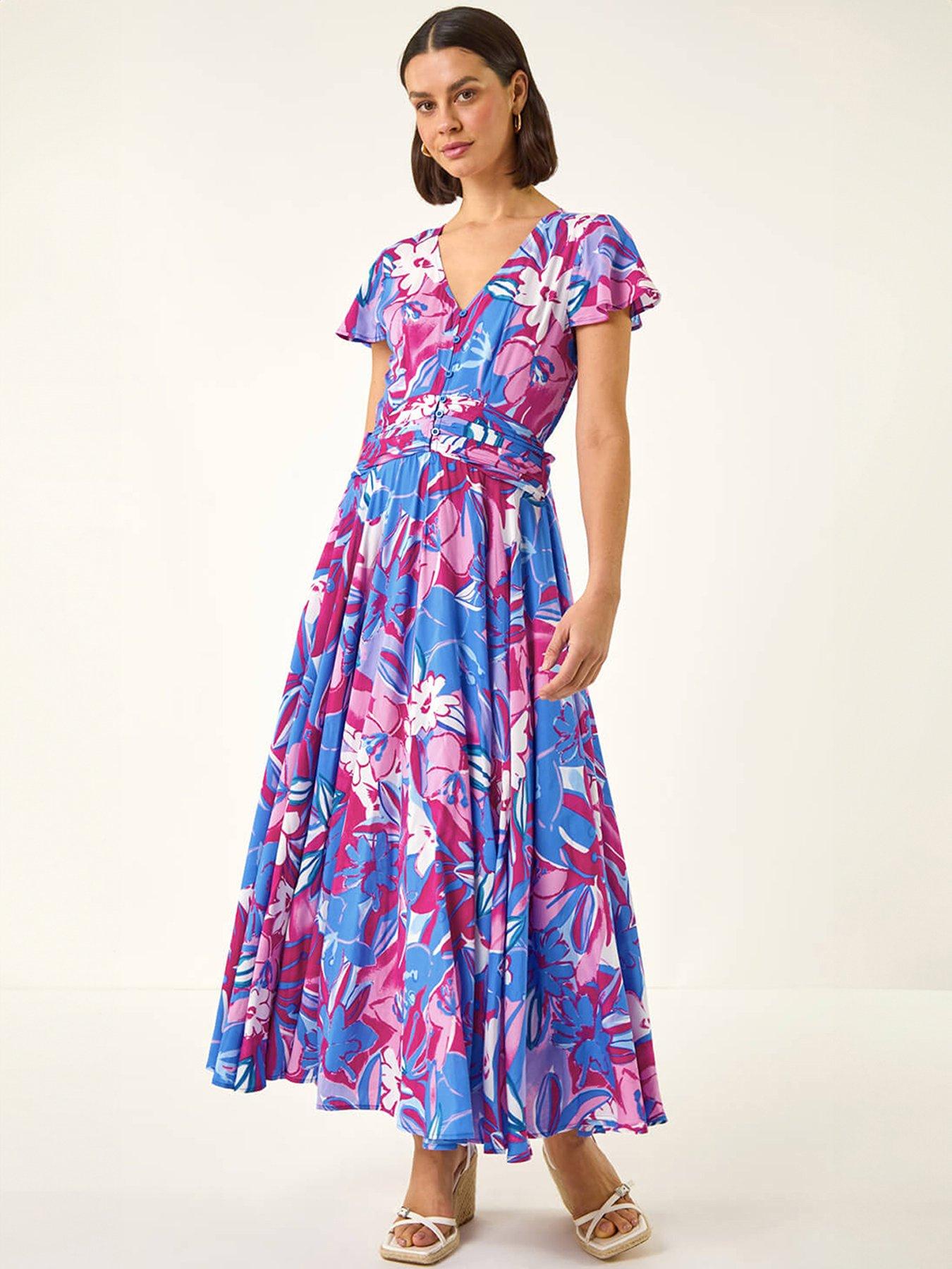 Image 1 of 5 of Roman Abstract Floral Ruched Midi Dress