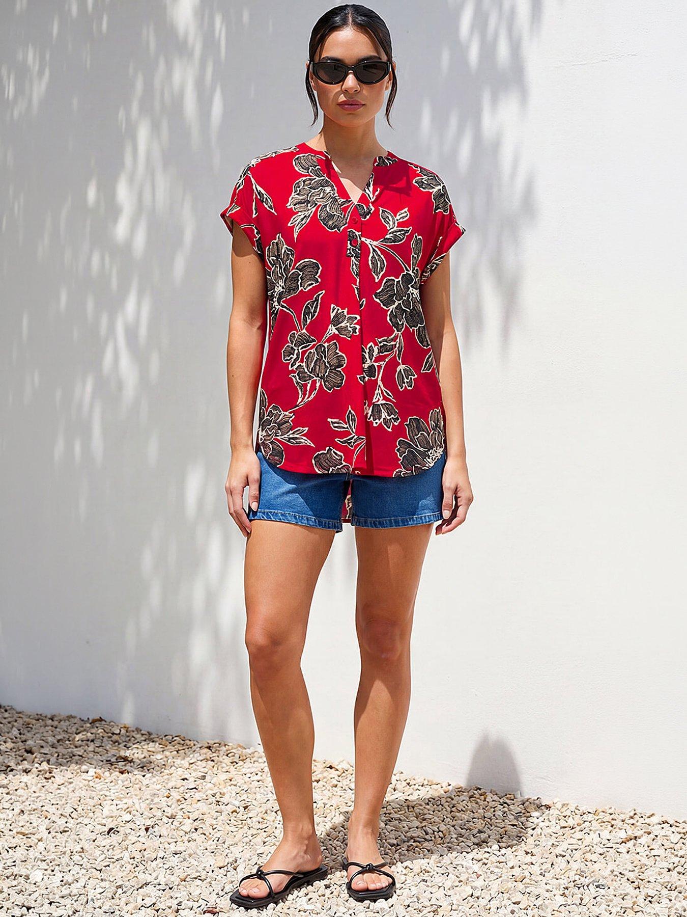 Roman Floral Puff Print Stretch Top