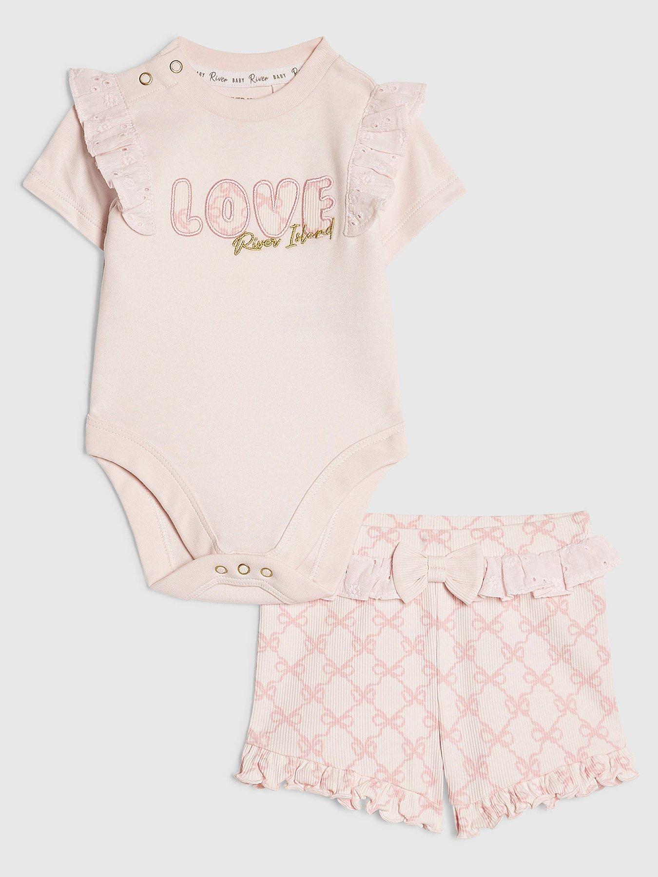 Image 1 of 4 of River Island Baby Girls Love Bodysuit Set - Light Pink