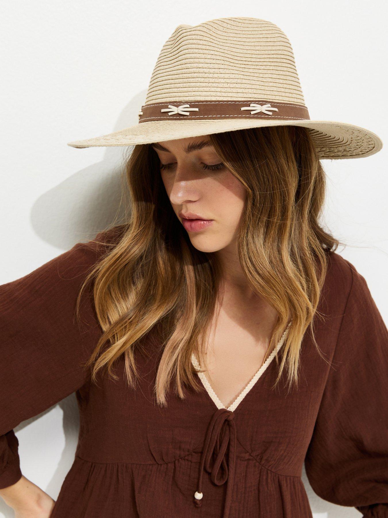 New Look Stone Suede Trim Straw Fedora Hat - Beige