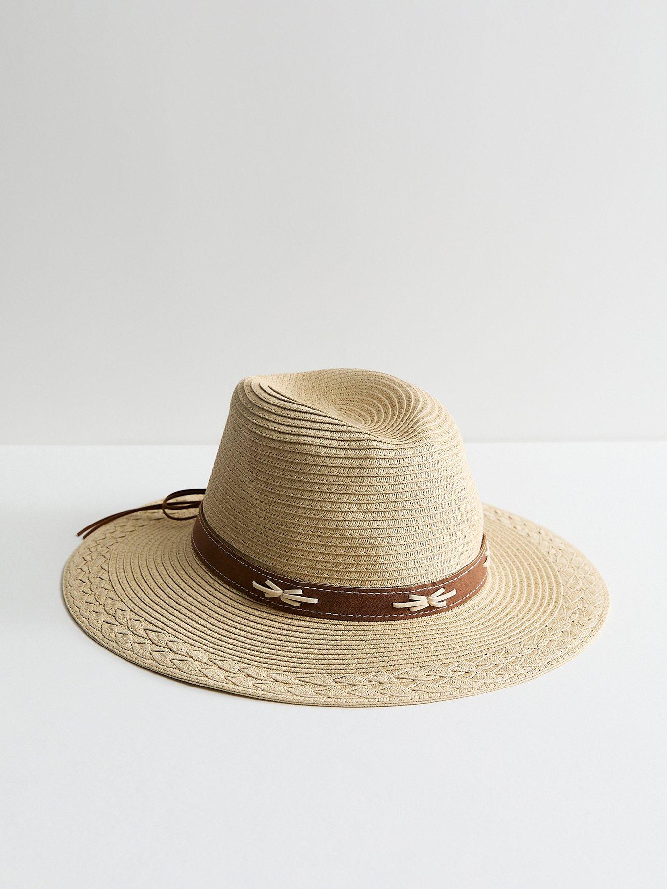  image of new-look-stone-suede-trim-straw-fedora-hat-beige
