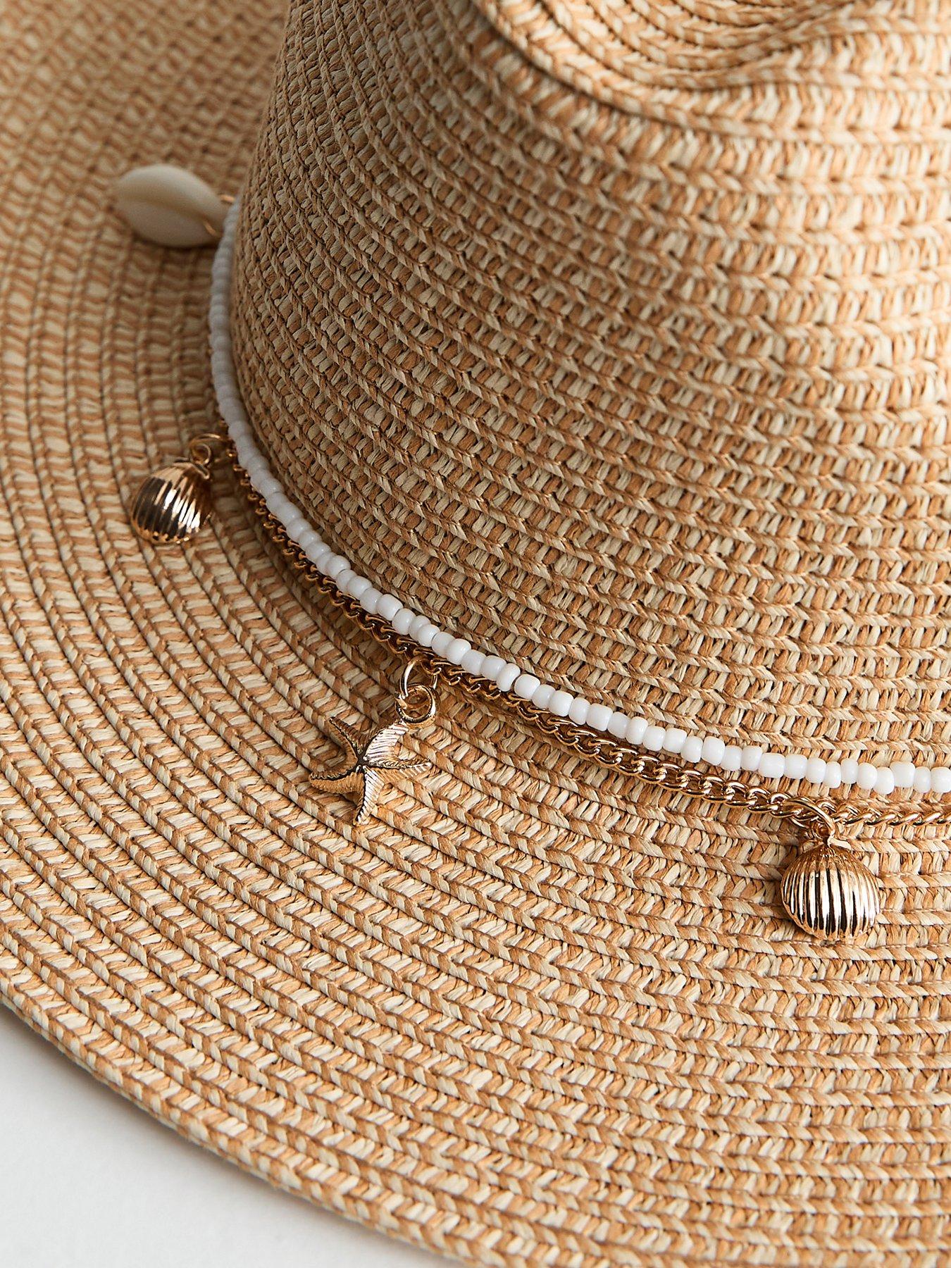  image of new-look-stone-beaded-shell-trim-straw-fedora-hat
