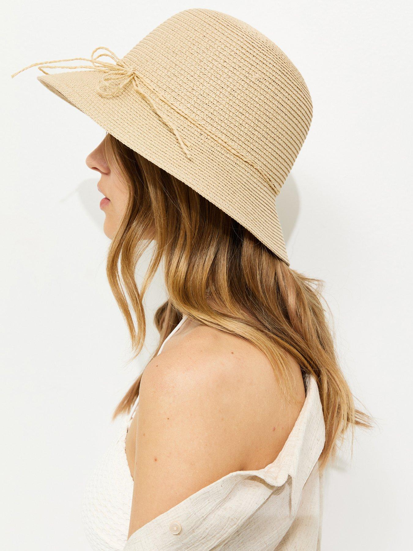 New Look Stone Straw Bow Bucket Hat - Beige