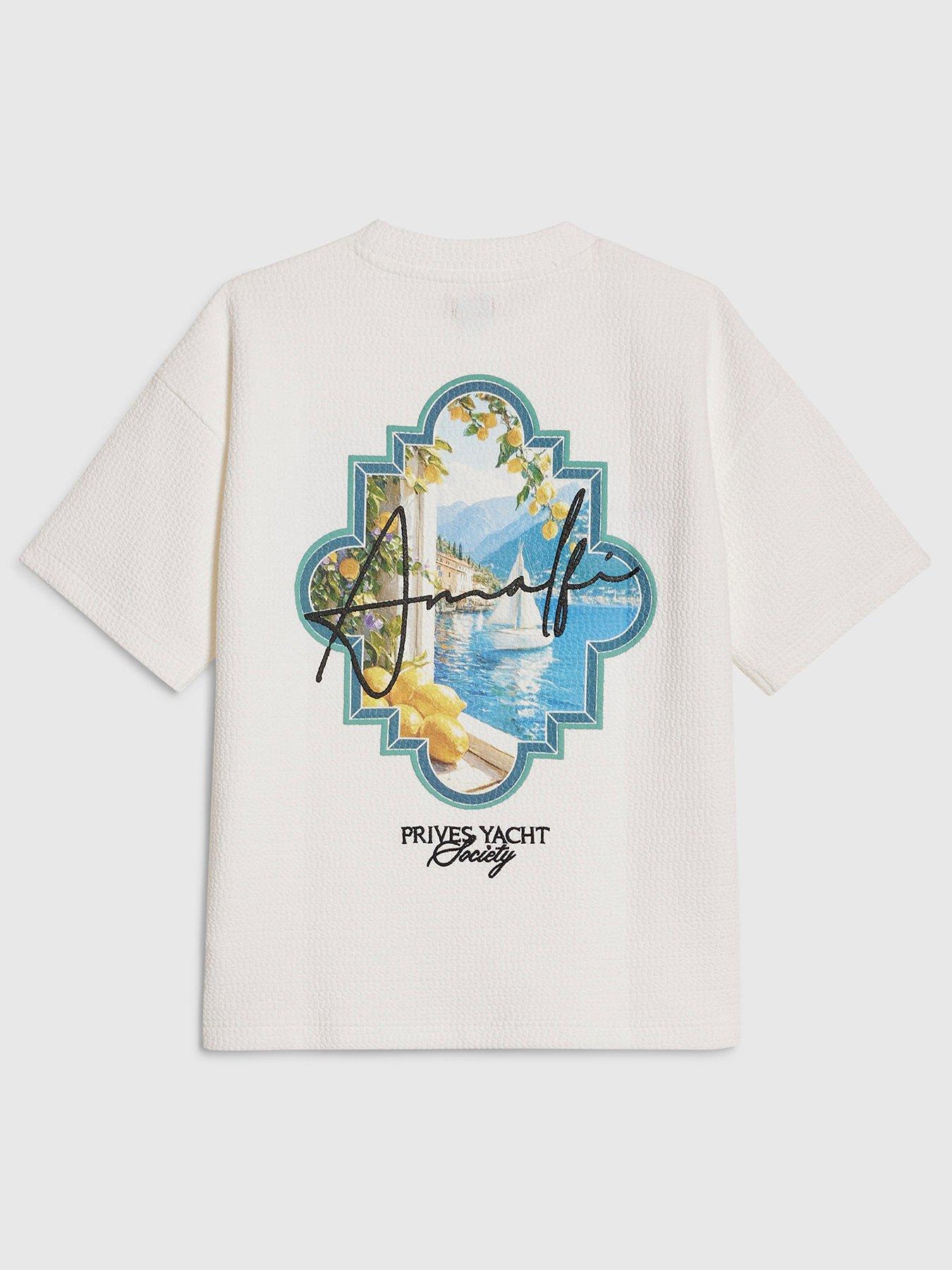 River Island Older Boys Oversized Textured Back Print Amalfi T-Shirt - Cream