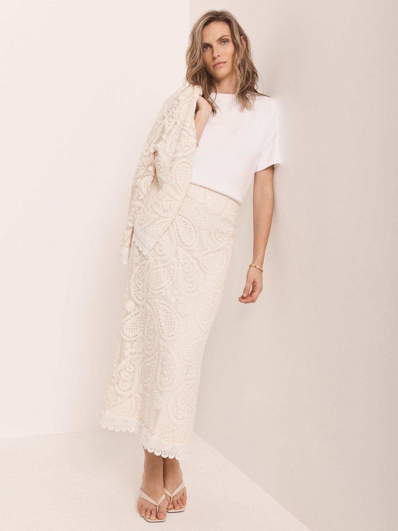 Mint Velvet Neutral Crochet Midi Skirt - Cream