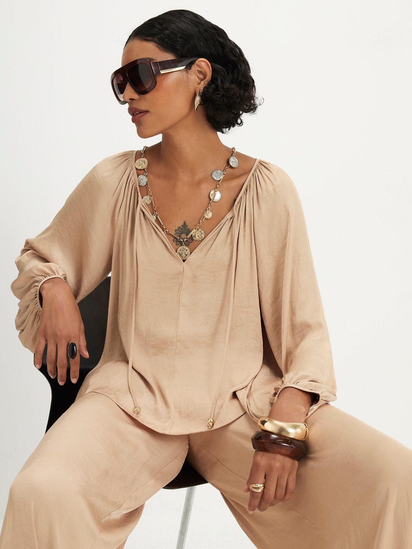 River Island Satin Airflow Notch Neck Top - Beige