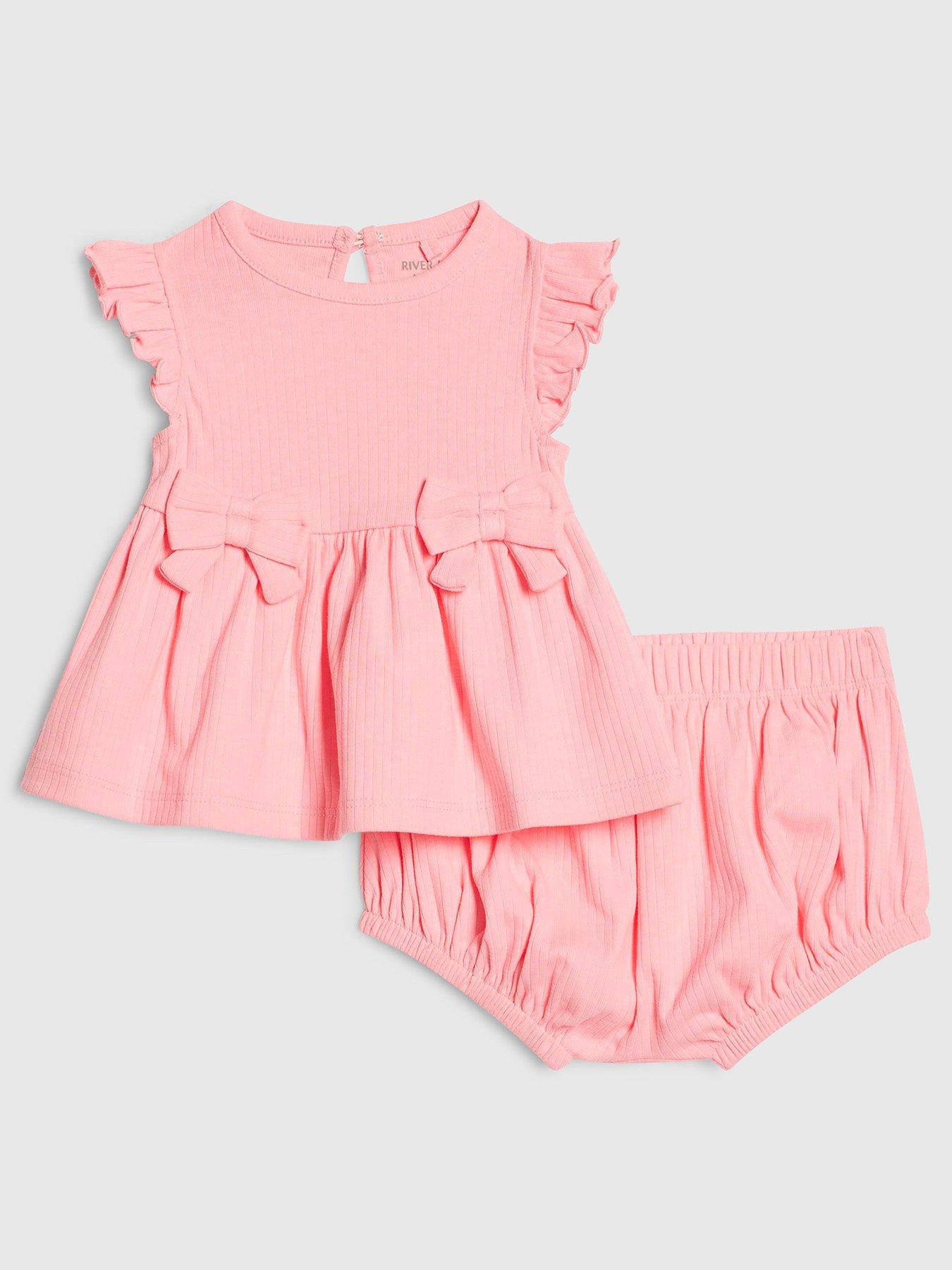 Image 1 of 5 of River Island Baby Girls Bow Peplum Ribbed T-Shirt Set - Pink
