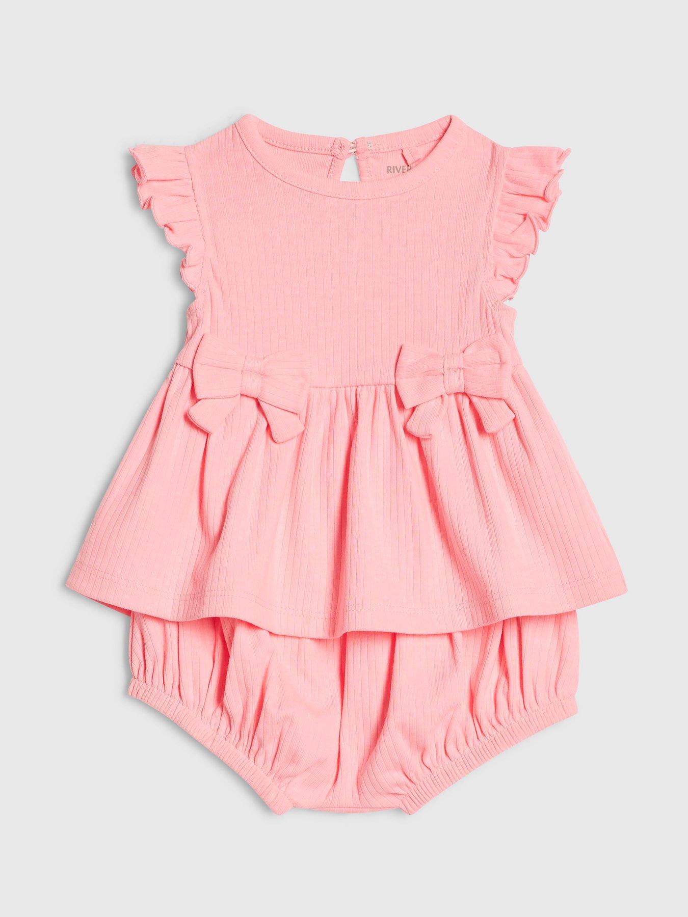 Image 3 of 5 of River Island Baby Girls Bow Peplum Ribbed T-Shirt Set - Pink