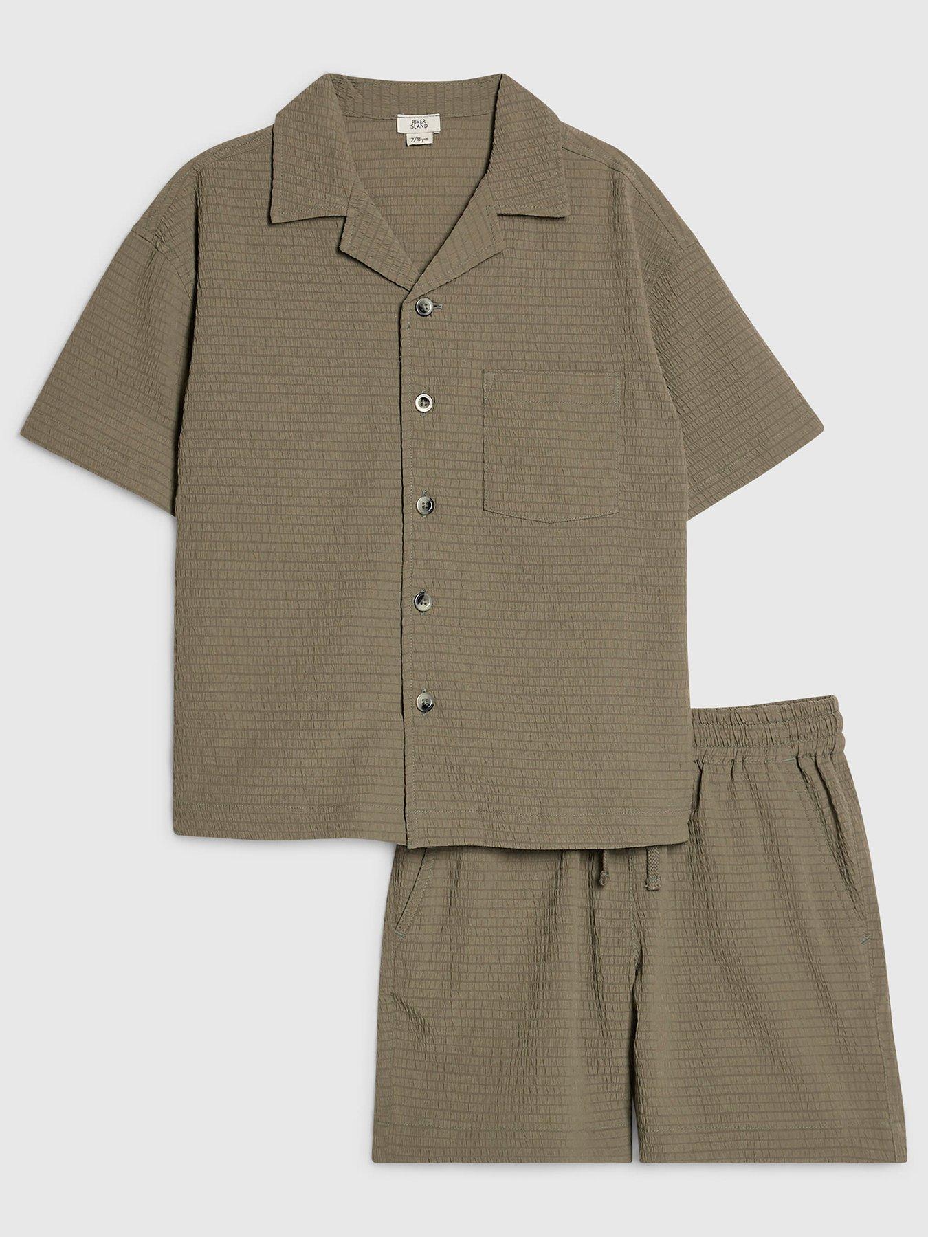 Image 1 of 5 of River Island Older Boys Textured Shirt Set - Dark Khaki