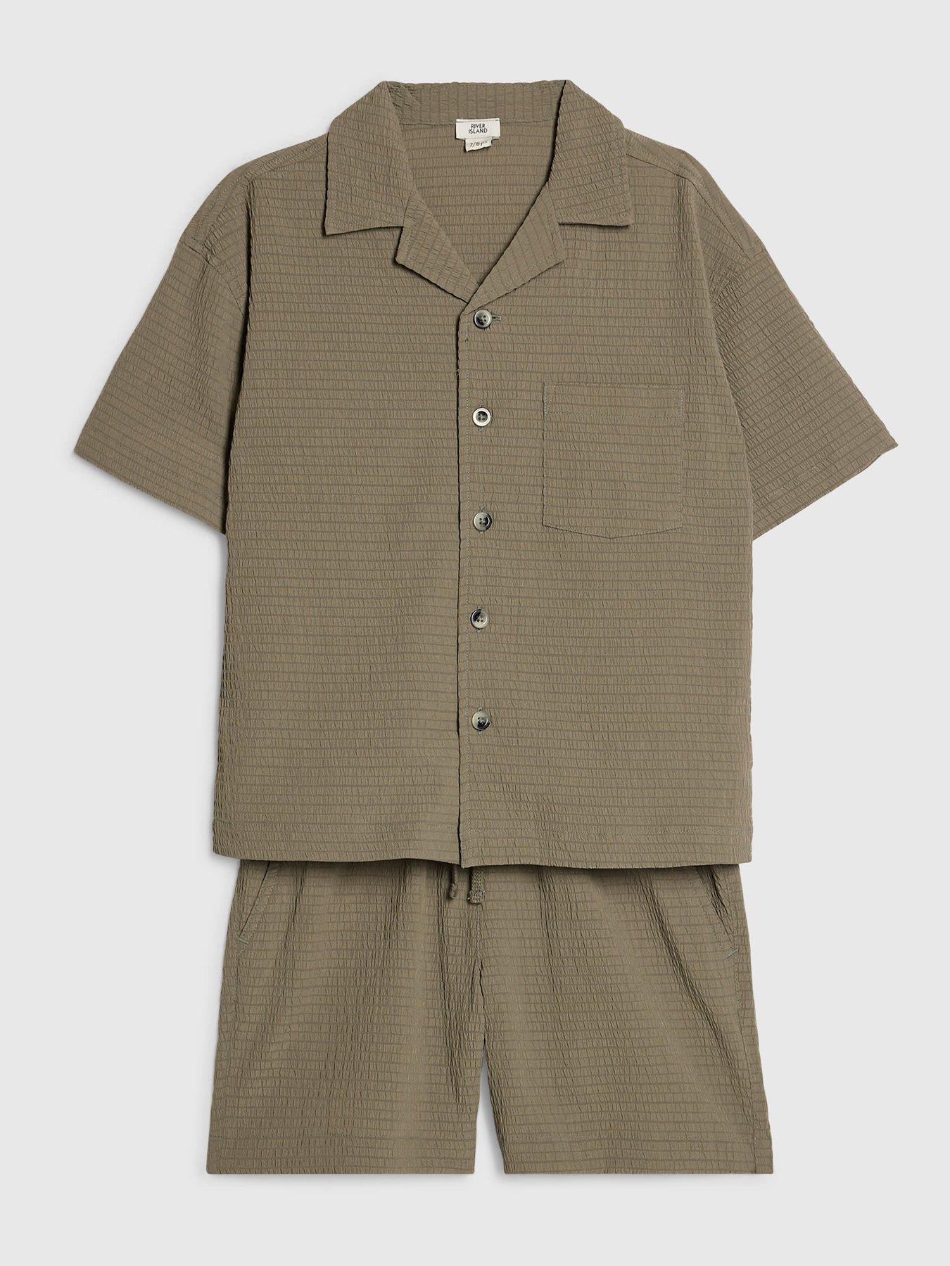 Image 3 of 5 of River Island Older Boys Textured Shirt Set - Dark Khaki