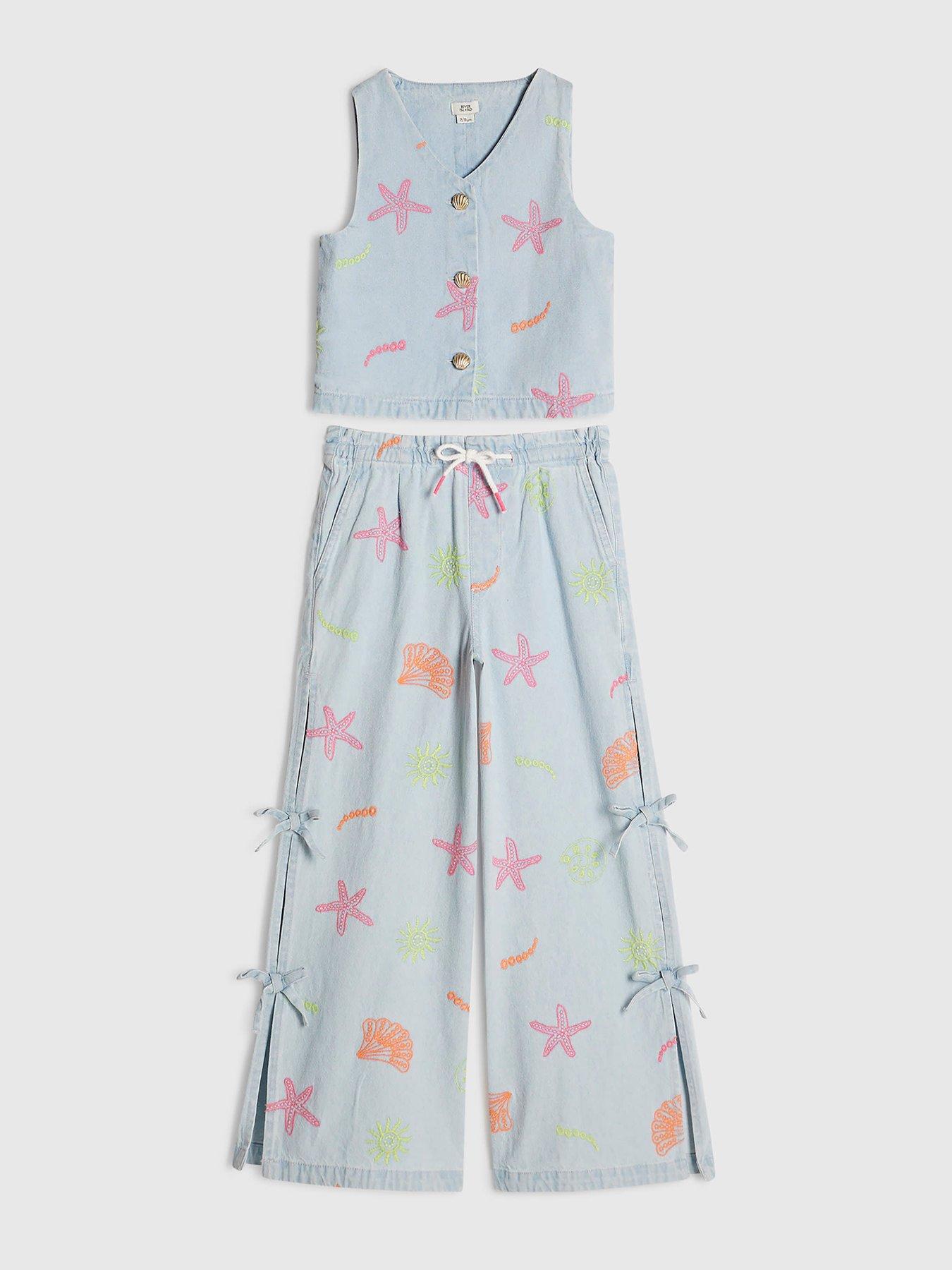 Image 1 of 4 of River Island Older Girls Denim Embroidered Waistcoat Set - Blue