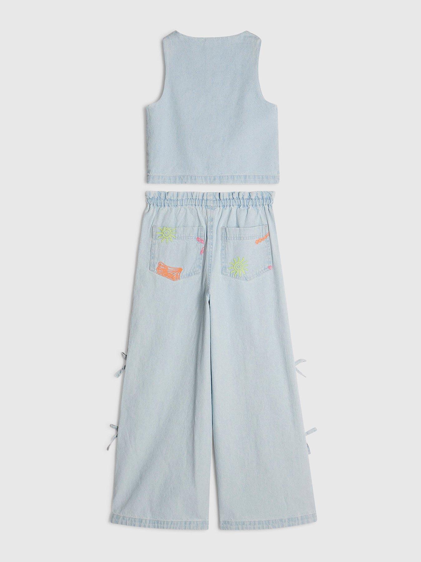 Image 2 of 4 of River Island Older Girls Denim Embroidered Waistcoat Set - Blue