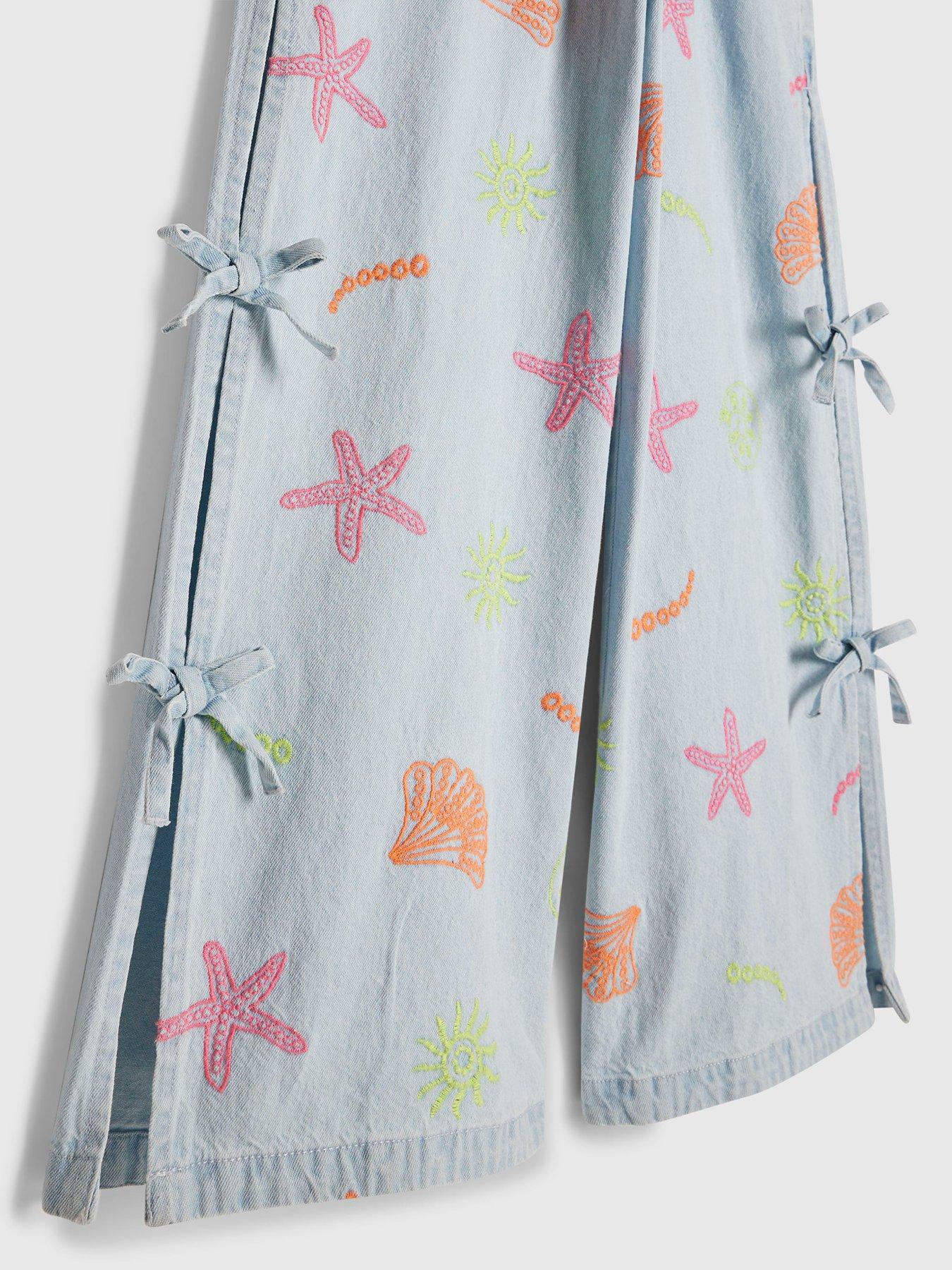 Image 3 of 4 of River Island Older Girls Denim Embroidered Waistcoat Set - Blue