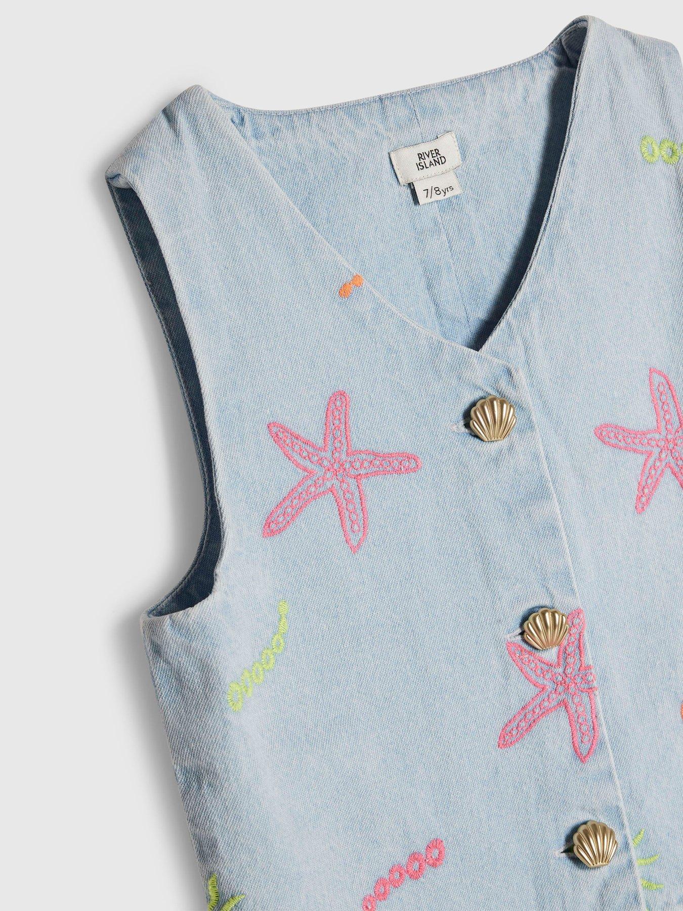 Image 4 of 4 of River Island Older Girls Denim Embroidered Waistcoat Set - Blue