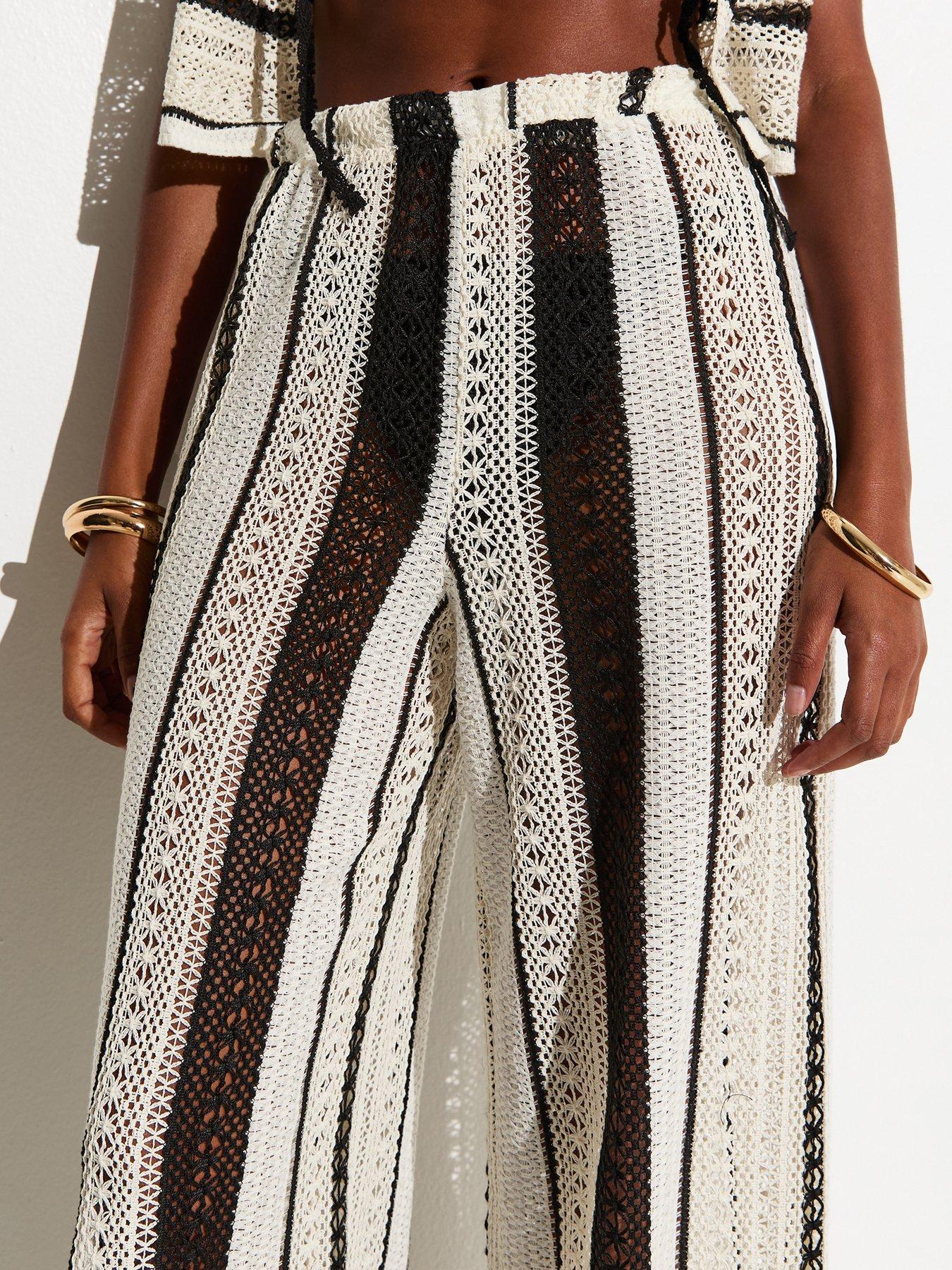 Image 4 of 5 of New Look Striped Crochet Beach Trousers - Cream
