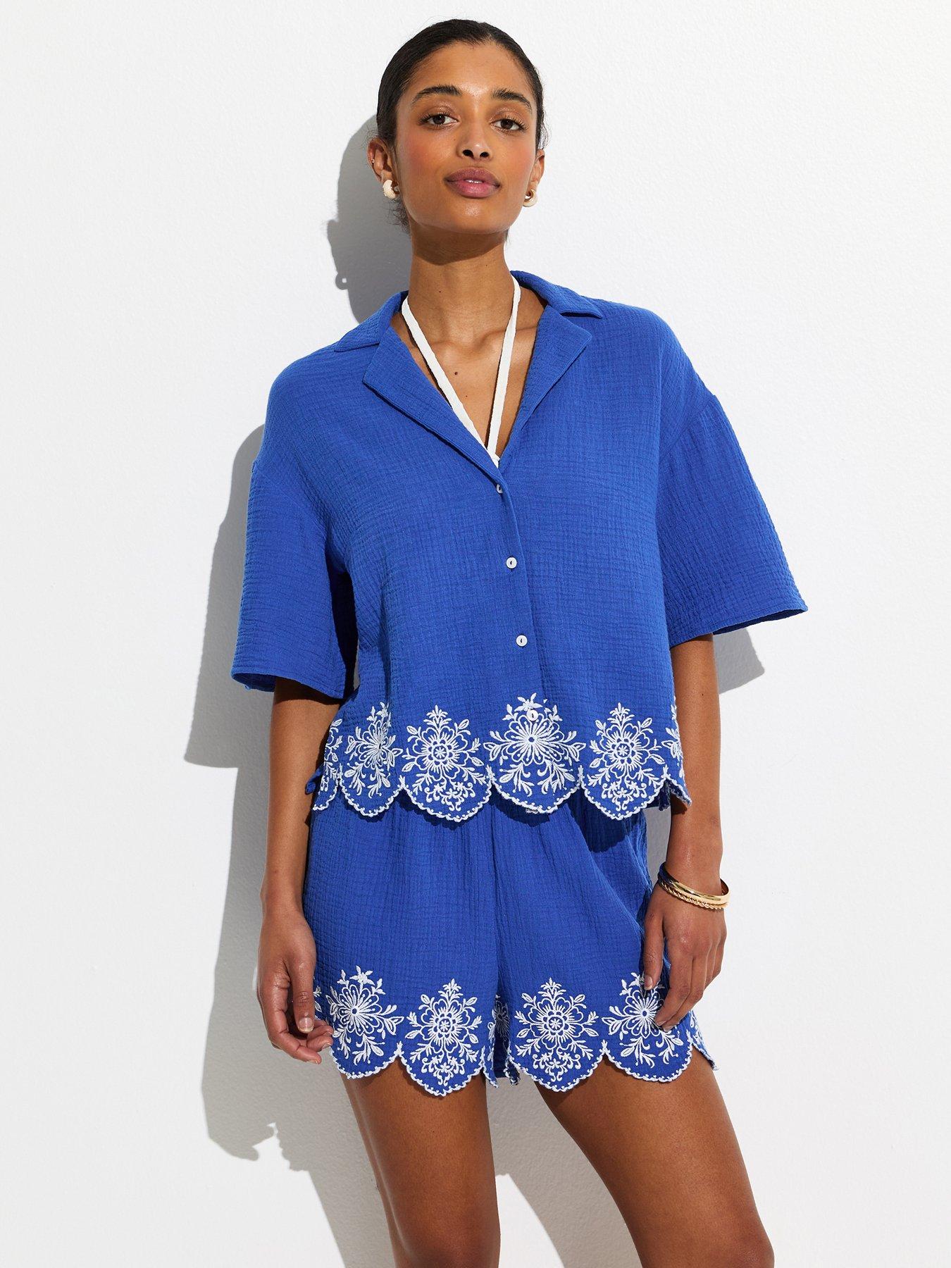 New Look Embroidered Beach Shirt - Blue