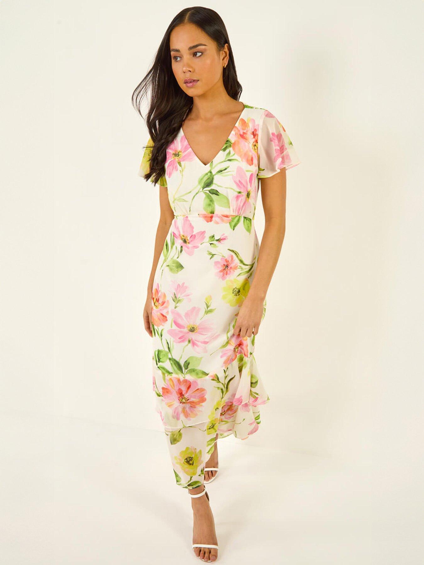 Roman Petite Floral V-neck Frill Dress
