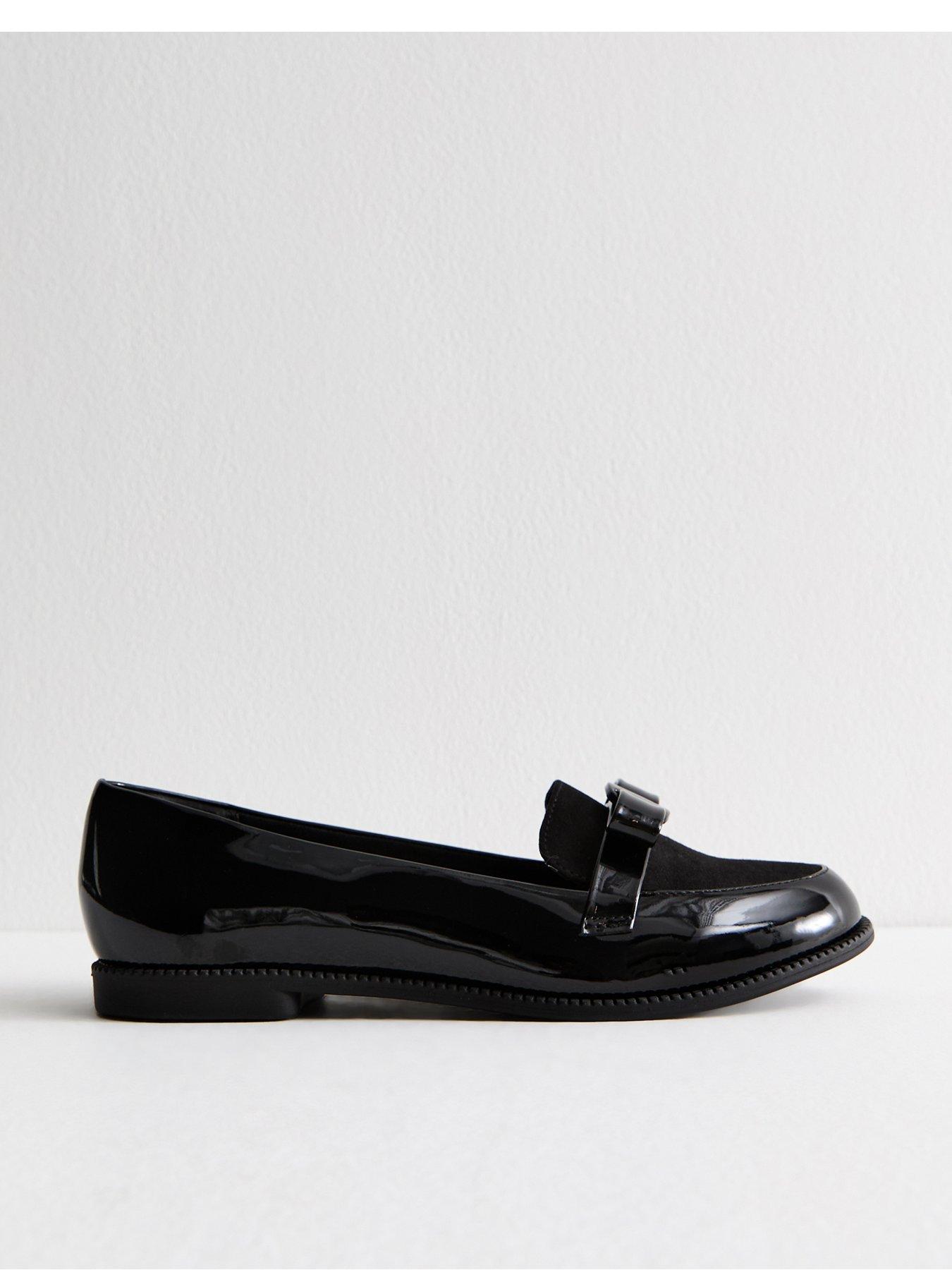 New Look Wide Fit Patent Faux Leather Bow Detail Loafers - Black ...