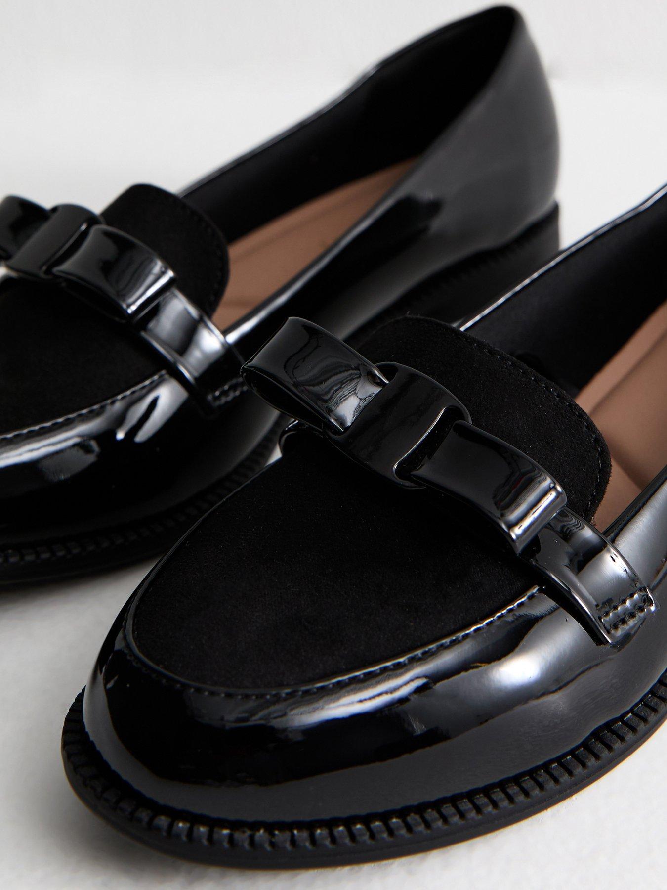 New Look Wide Fit Patent Faux Leather Bow Detail Loafers - Black ...