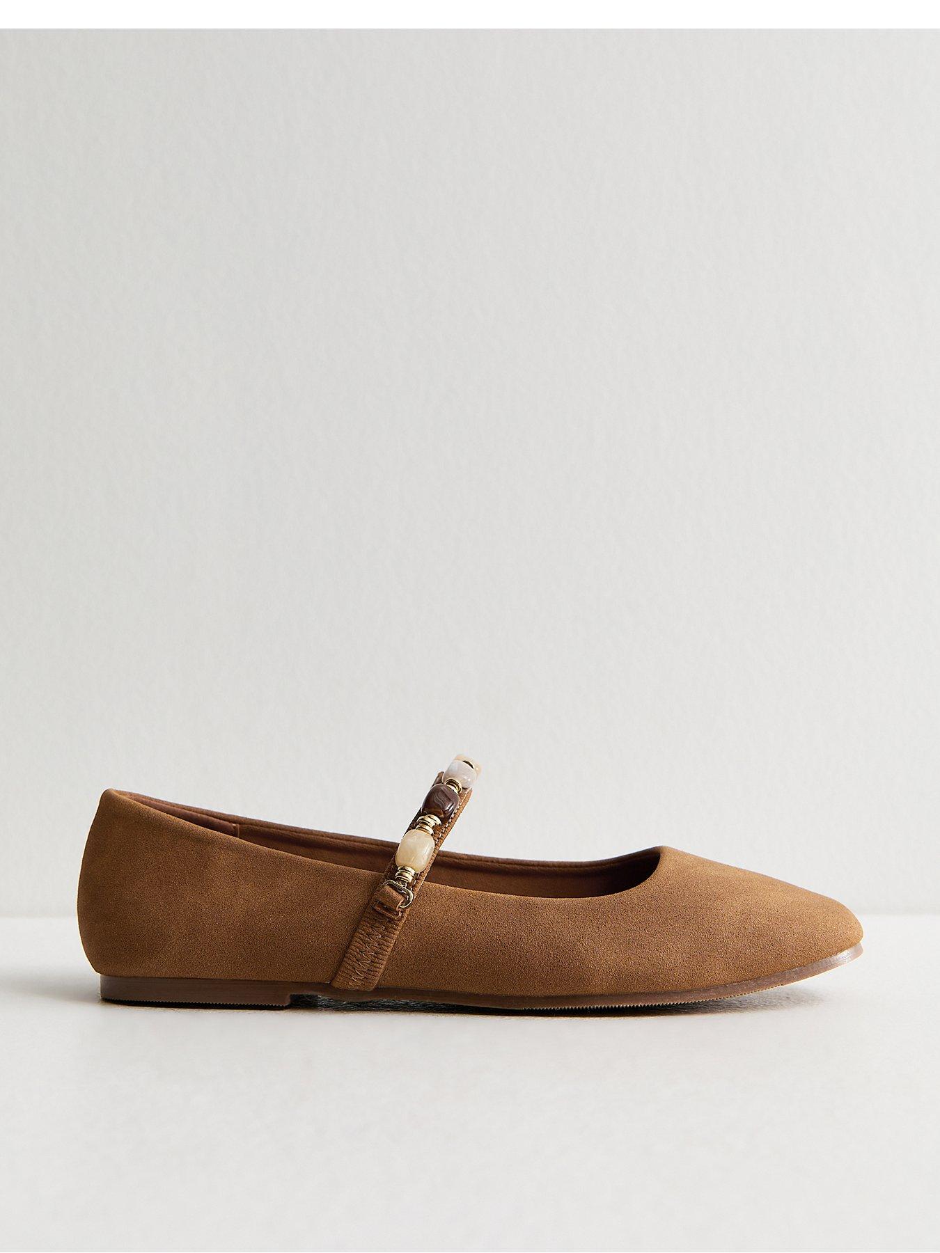 New Look Tan Faux Suede Beaded Square Toe Ballerina Pumps - Brown