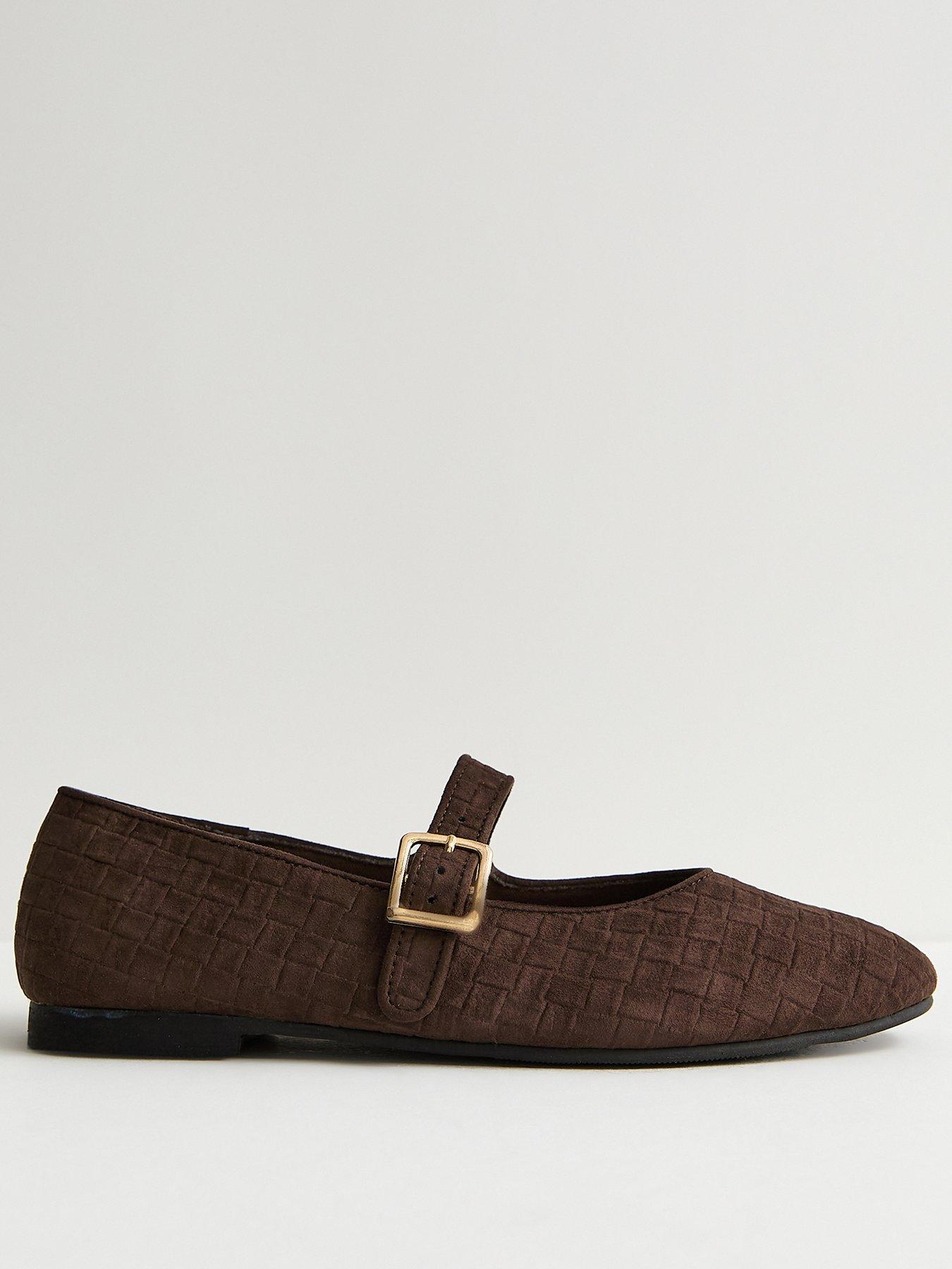 New Look Textured Faux Suede Buckled Mary Jane Flats - Brown | Littlewoods
