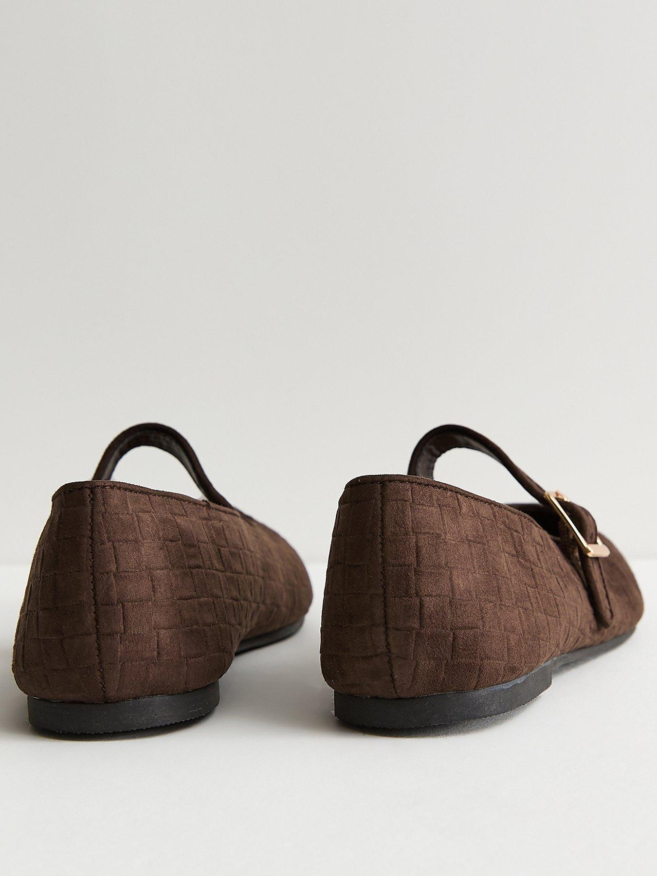 New Look Textured Faux Suede Buckled Mary Jane Flats - Brown | Littlewoods