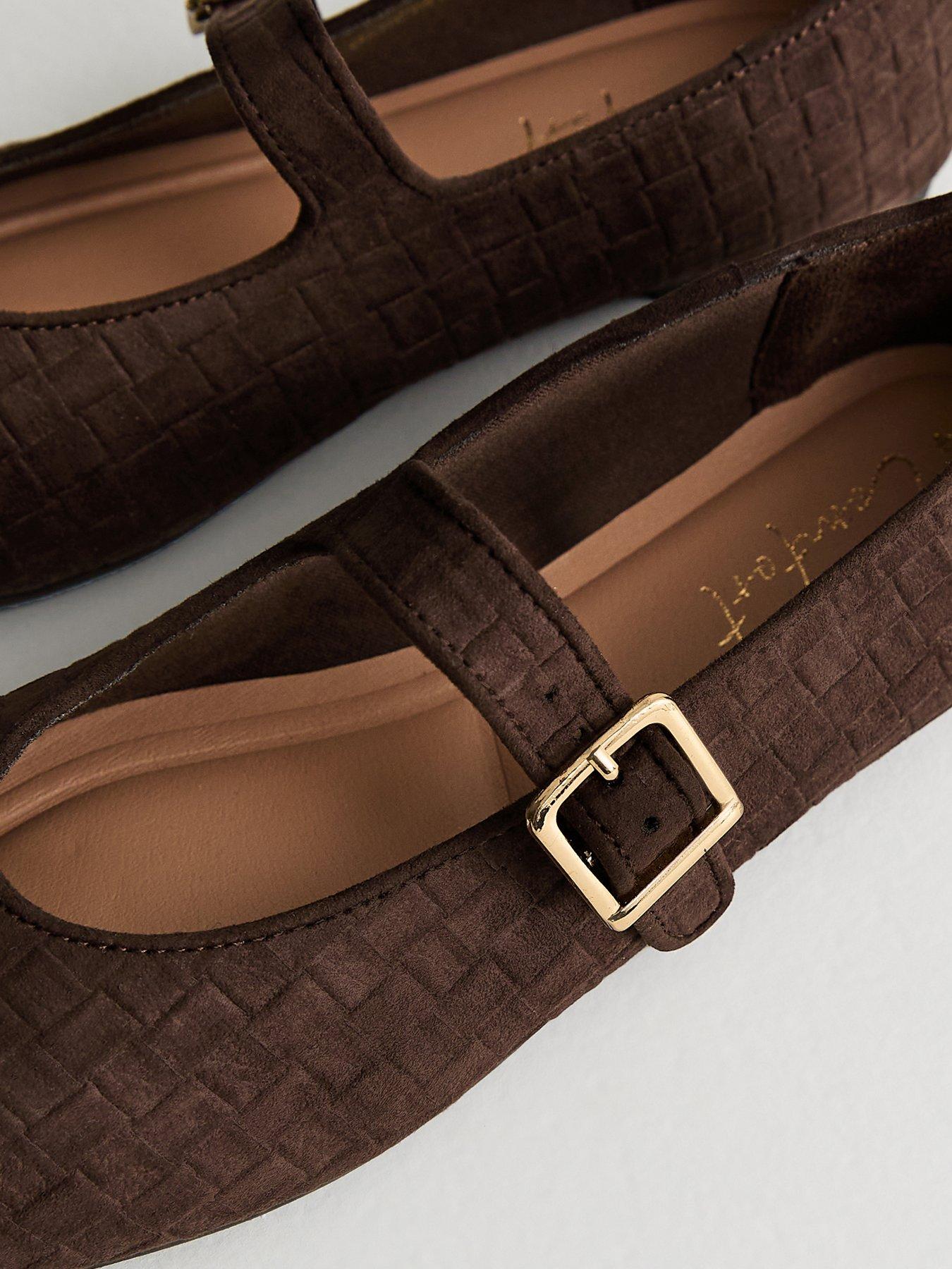 New Look Textured Faux Suede Buckled Mary Jane Flats - Brown | Littlewoods