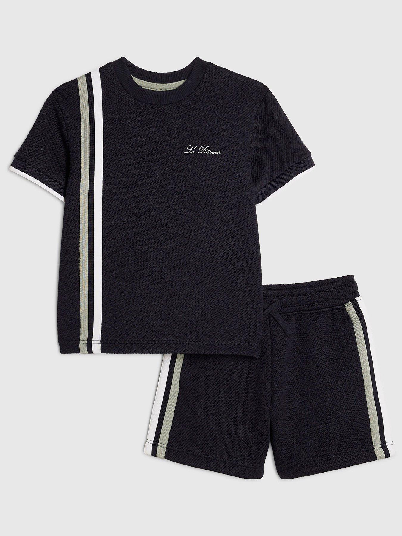 Image 1 of 5 of River Island Mini Boys Oversized Textured T-Shirt &amp; Shorts Set - Navy