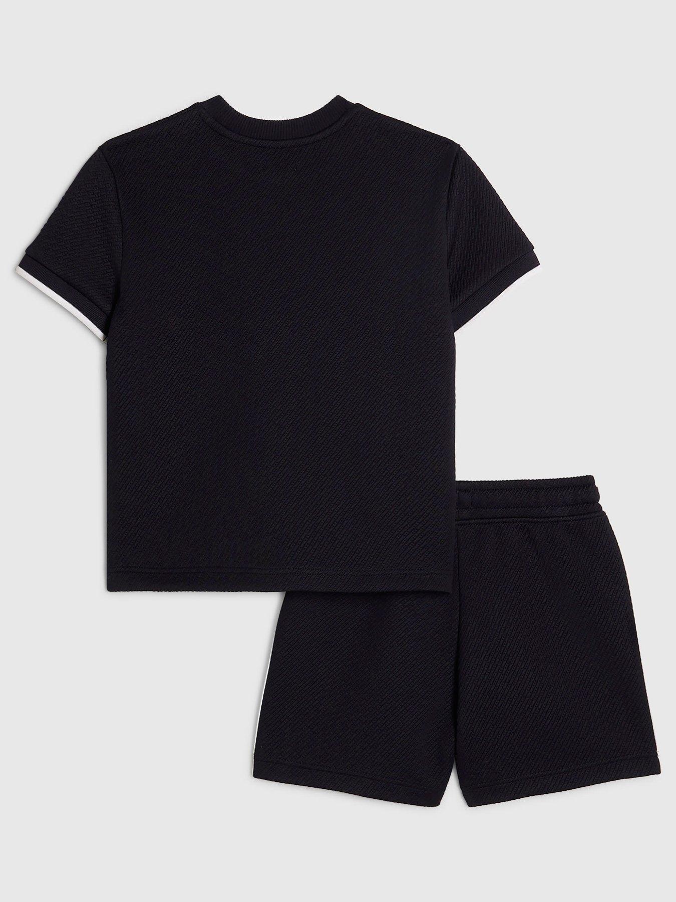 Image 2 of 5 of River Island Mini Boys Oversized Textured T-Shirt &amp; Shorts Set - Navy