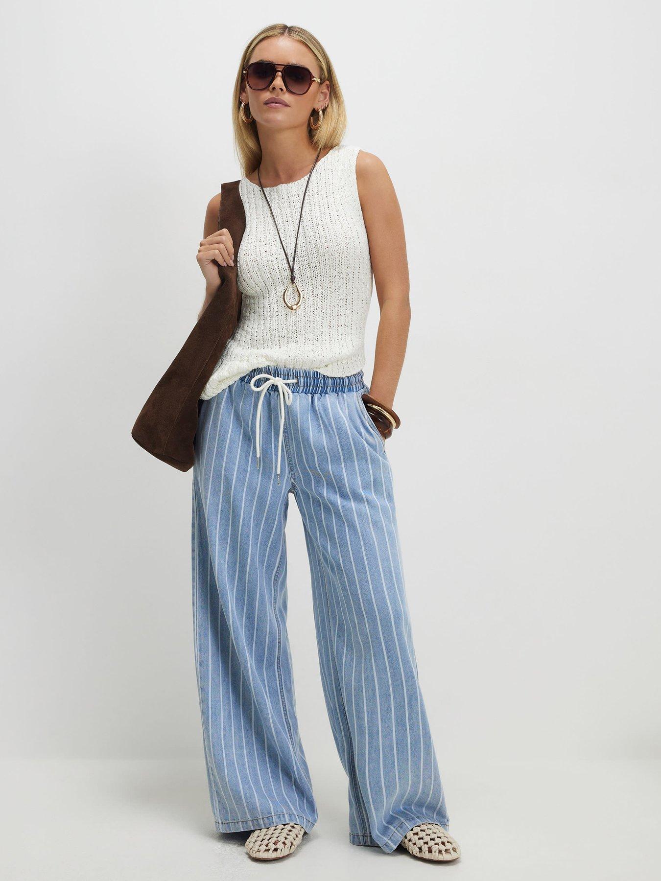 River Island Petite Stripe Wide Leg Pyjama Style Jeans - Blue