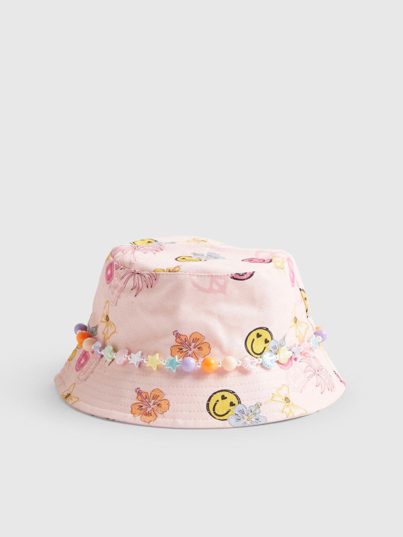 Image 2 of 4 of River Island Older Girls Graffiti Beaded Bucket Hat - Pink