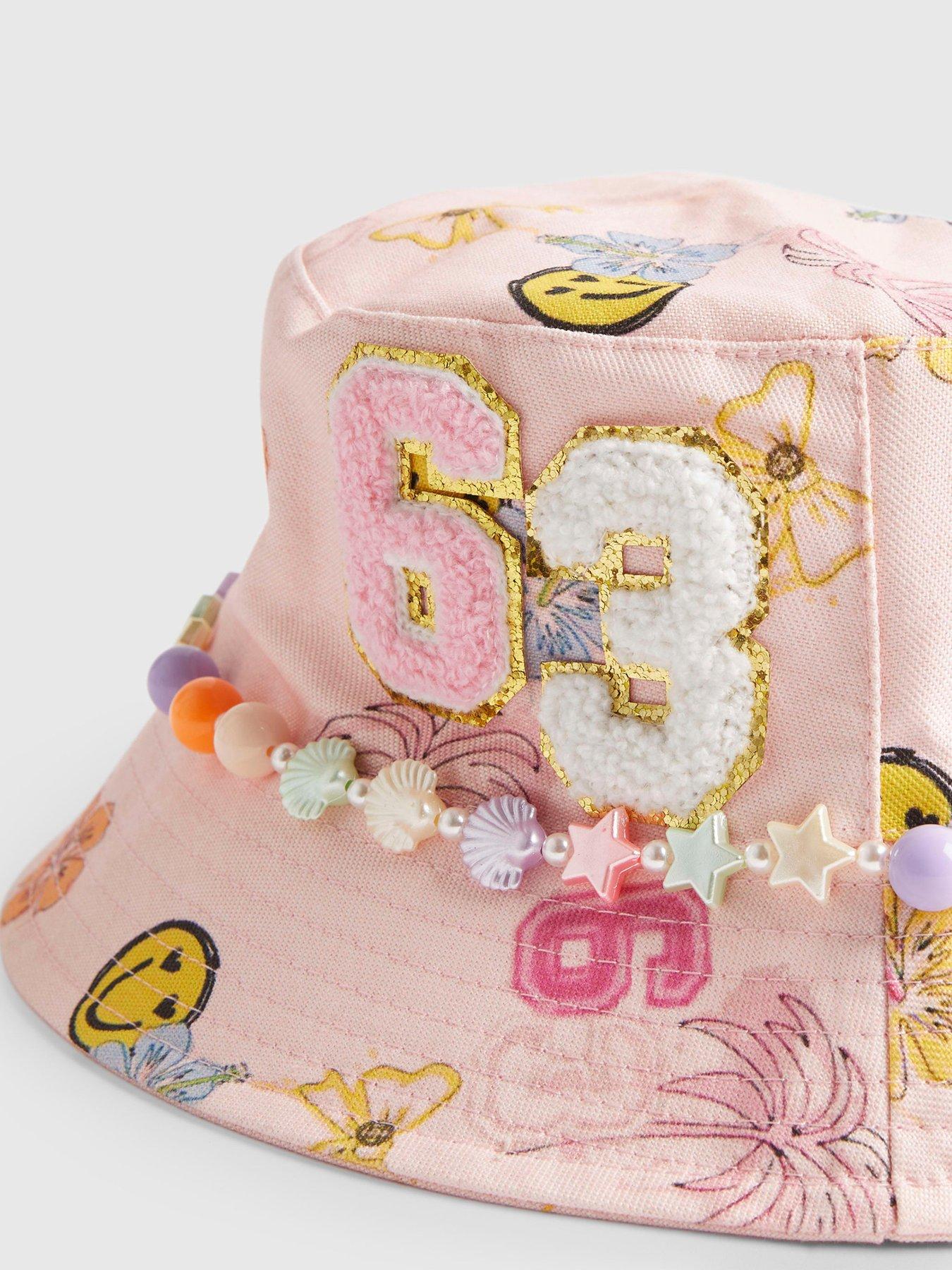 Image 4 of 4 of River Island Older Girls Graffiti Beaded Bucket Hat - Pink