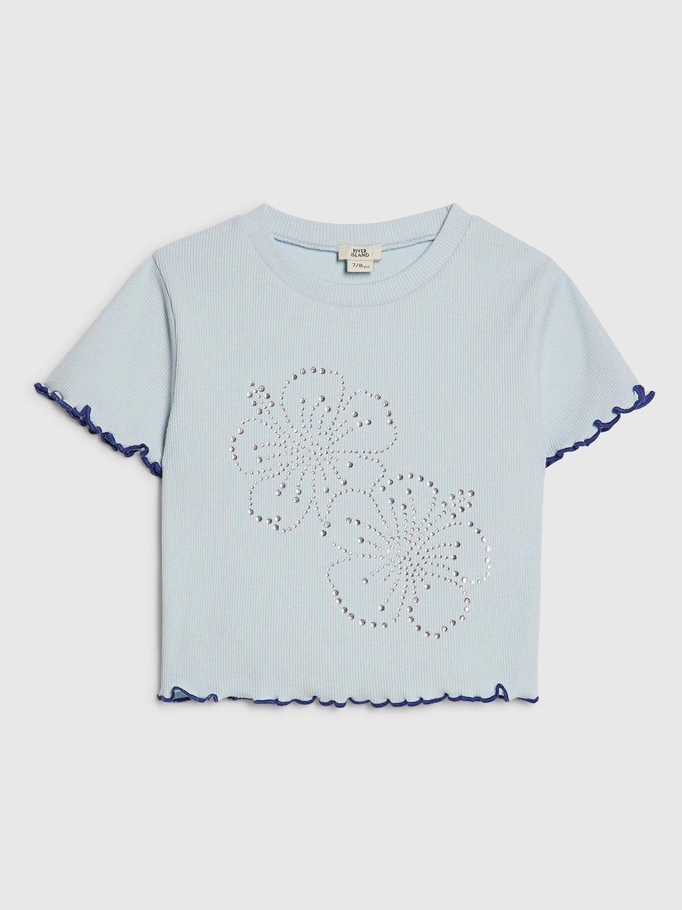 Image 1 of 4 of River Island Older Girls Hotfix Embellished Lettuce Hem T-Shirt - Light Blue