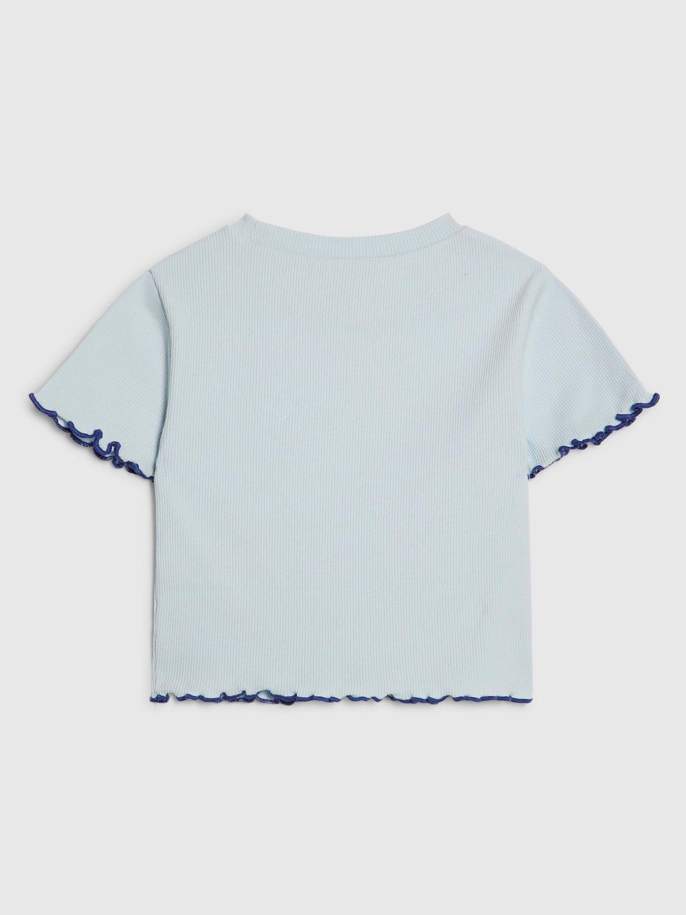 Image 2 of 4 of River Island Older Girls Hotfix Embellished Lettuce Hem T-Shirt - Light Blue