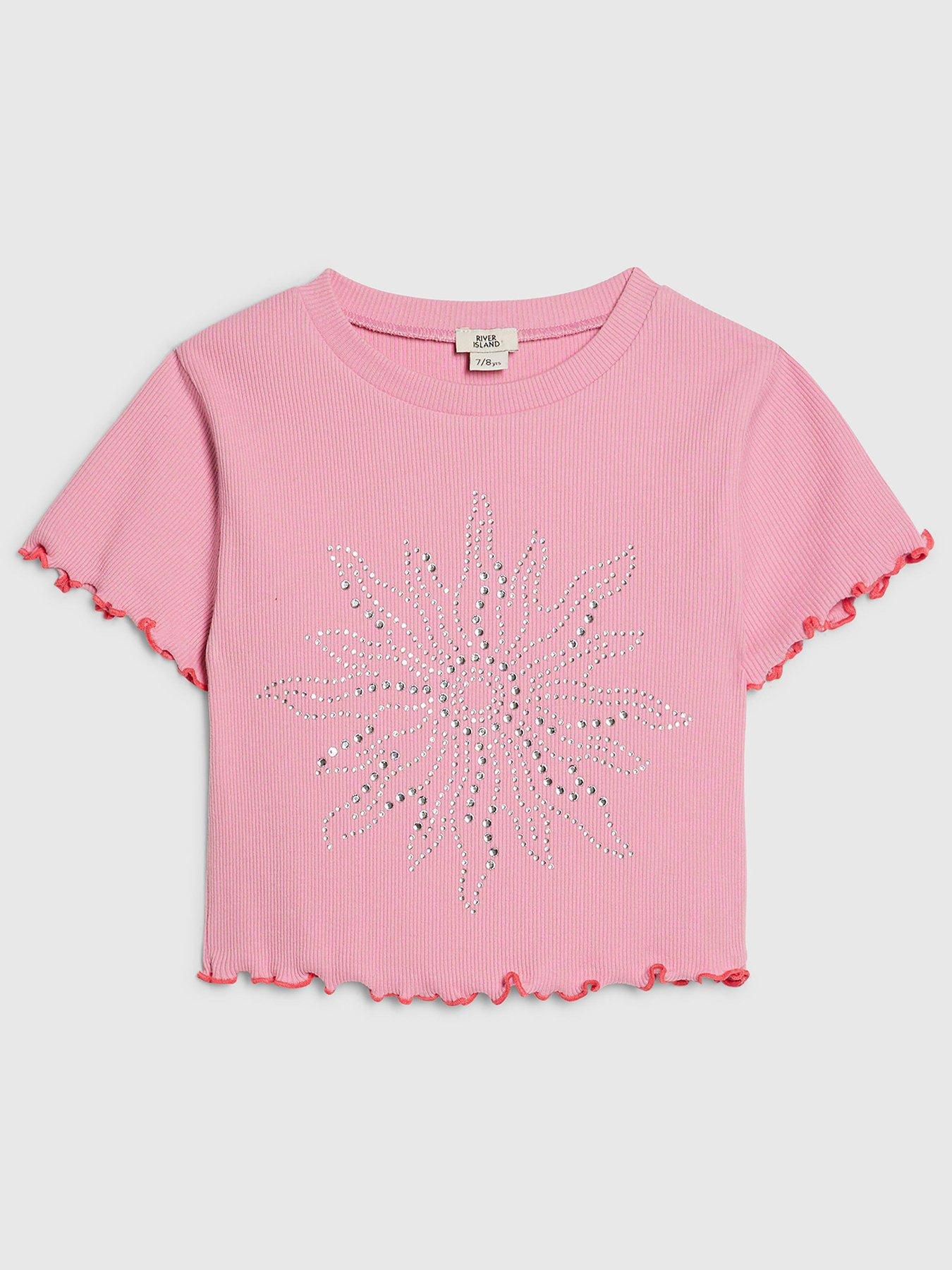 River Island Older Girls Hotfix Embellished Lettuce Hem T-Shirt - Light Pink