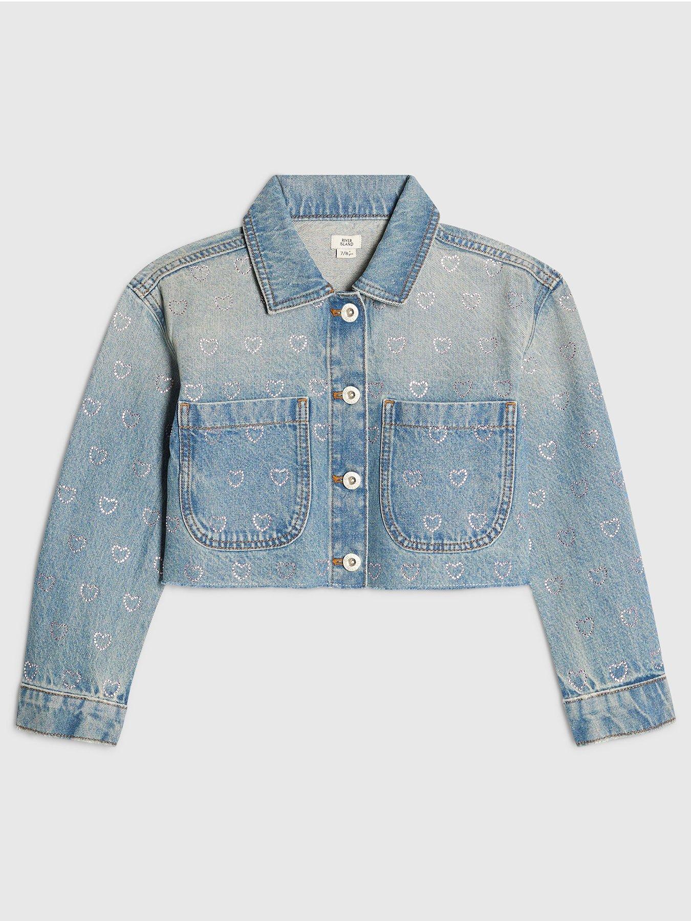 River Island Older Girls Heart Embellished Denim Jacket - Blue