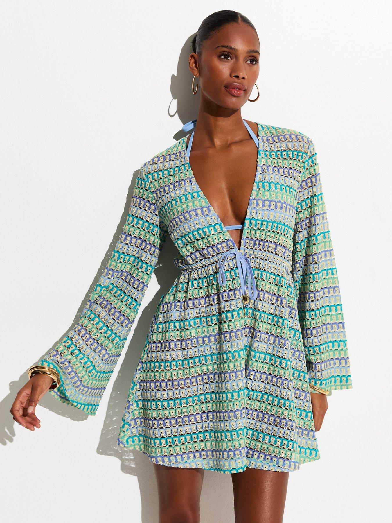New Look Crochet Flared Sleeve Kaftan Beach Dress - Blue