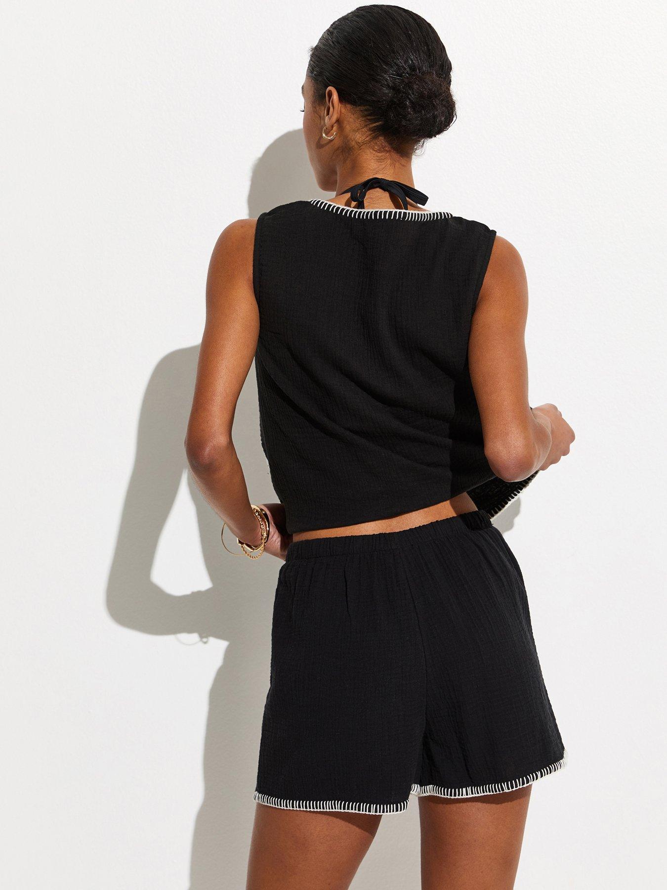 Image 2 of 5 of New Look Cotton Embroidered Floral Co-ord Beach Shorts - Black