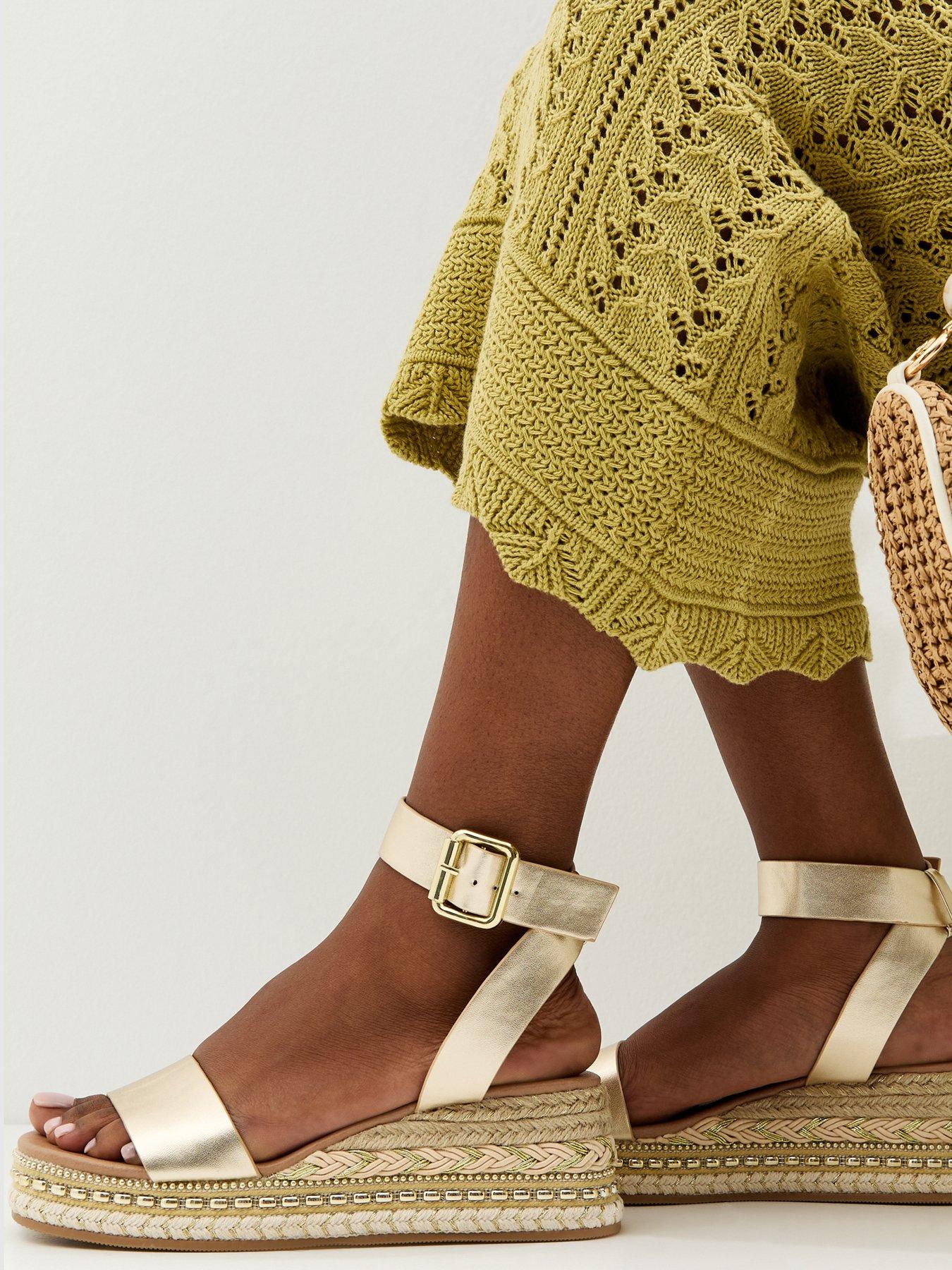 New Look Gold Faux Leather Embroidered Wedge Sandals