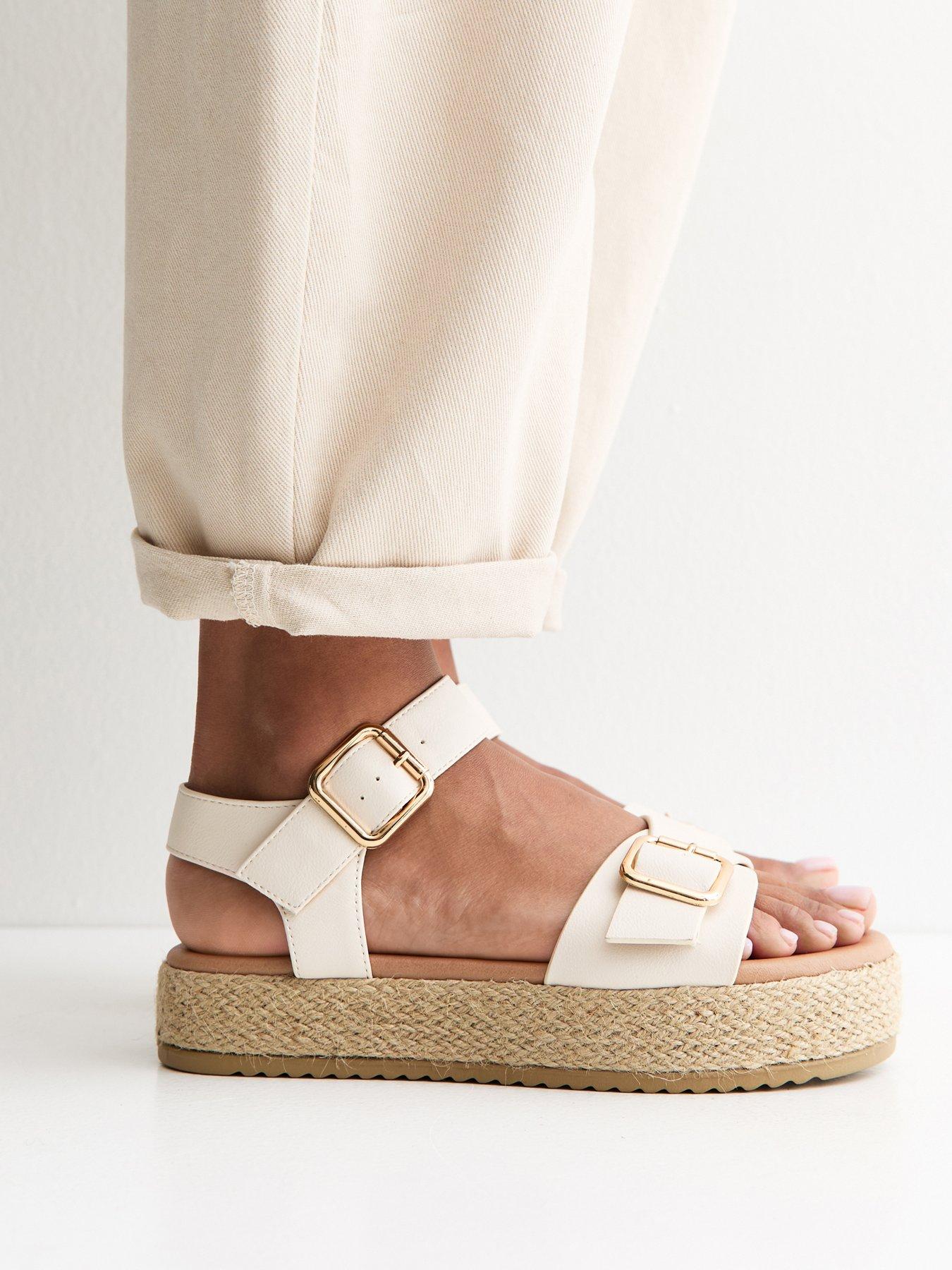 New Look Wide Fit Off Faux Leather Buckled Strap Flatform Sandals - White