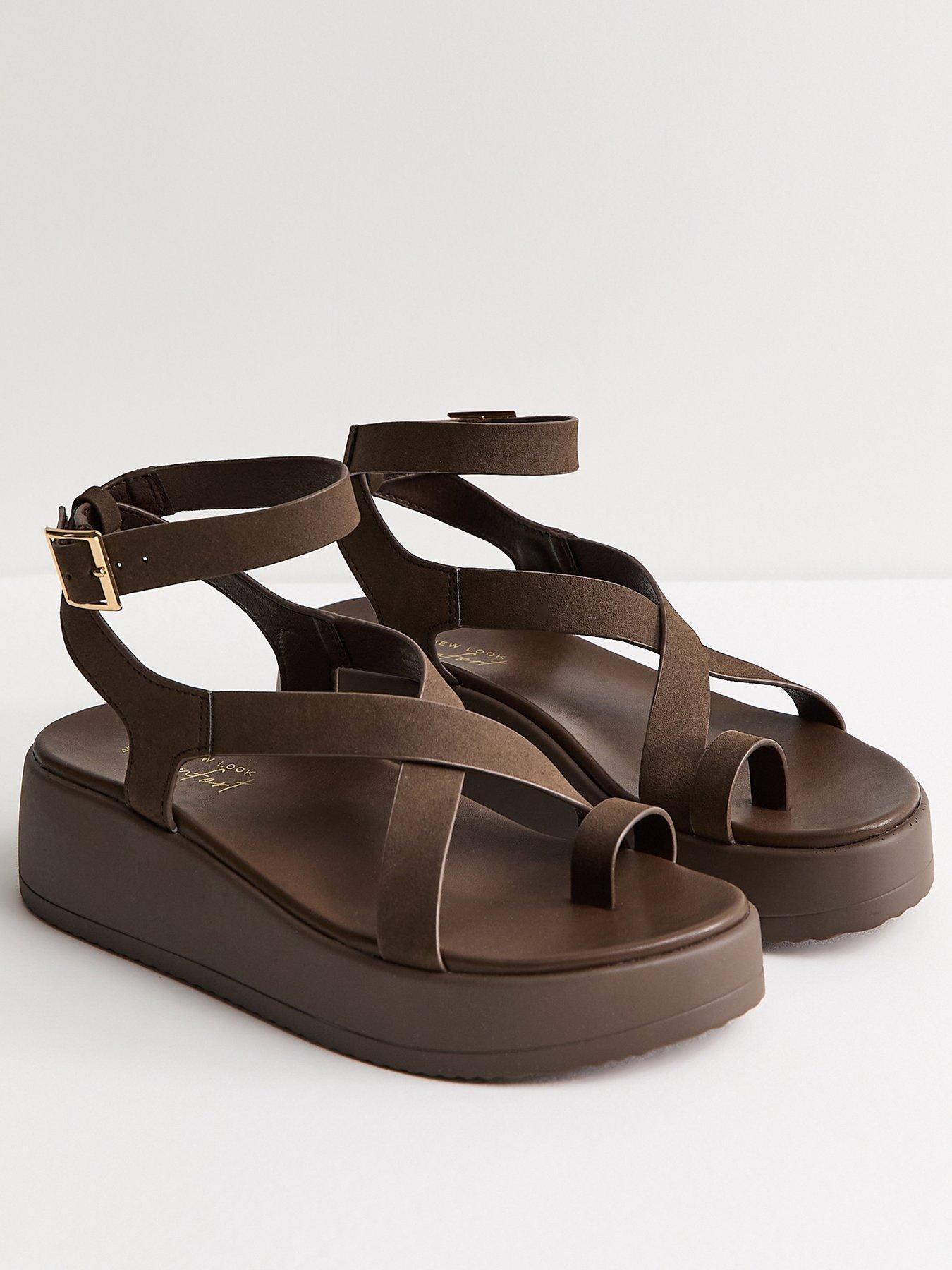 New Look Faux Suede Strappy Flatform Sandals - Brown | Littlewoods