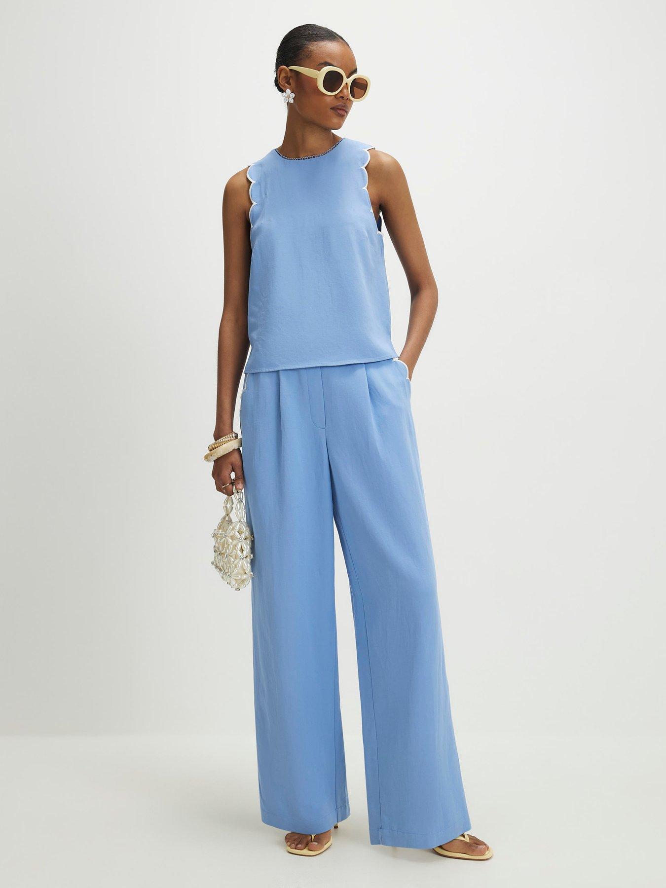 River Island Blue Scallop Trim Wide Leg Trouser Co-ord