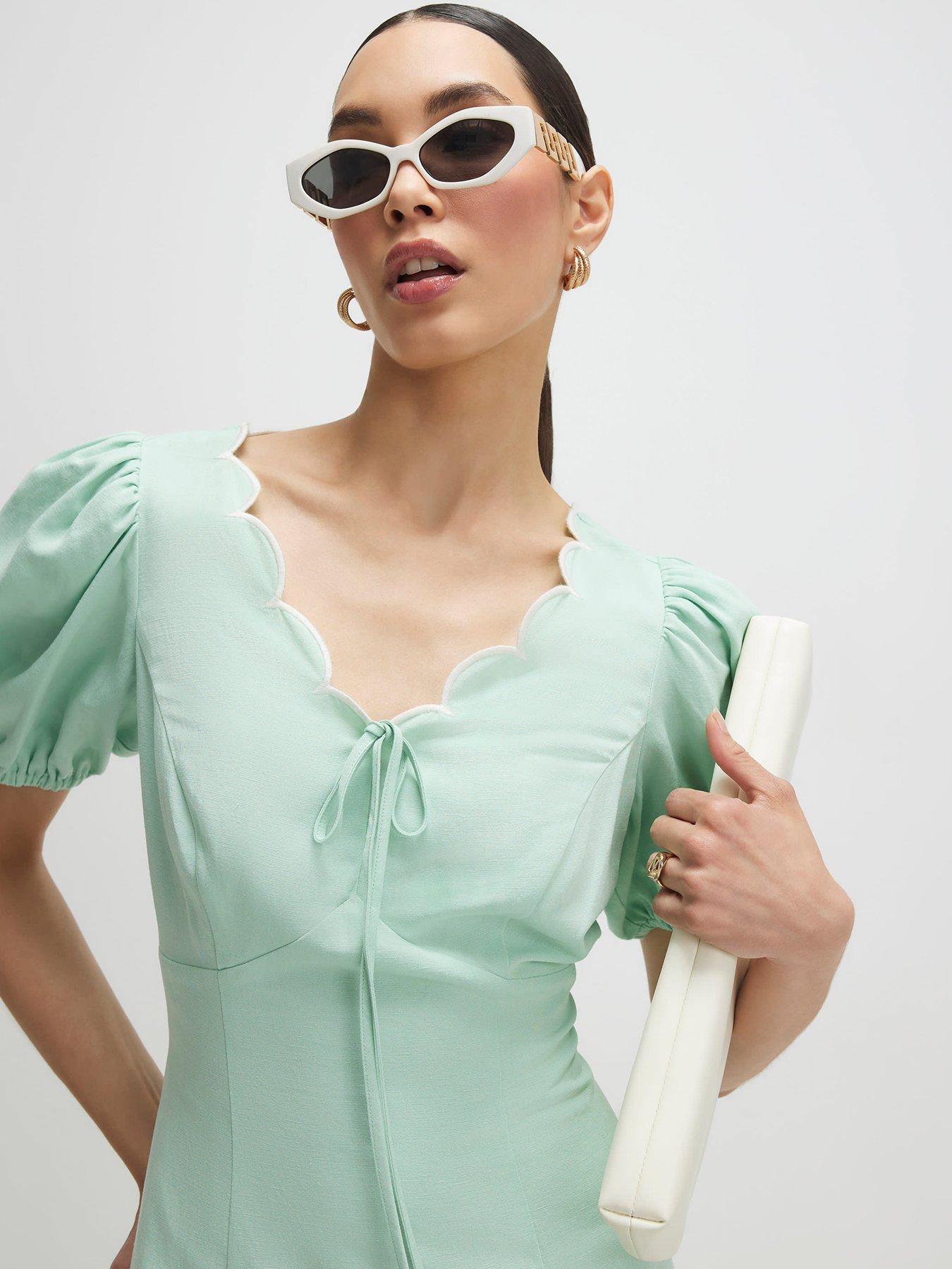 Image 4 of 6 of River Island Scallop Trim V Neck Dress - Green