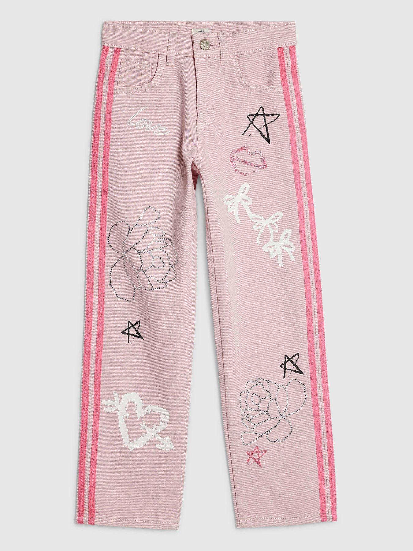Image 1 of 4 of River Island Older Girls Graffiti Straight Jeans - Pink